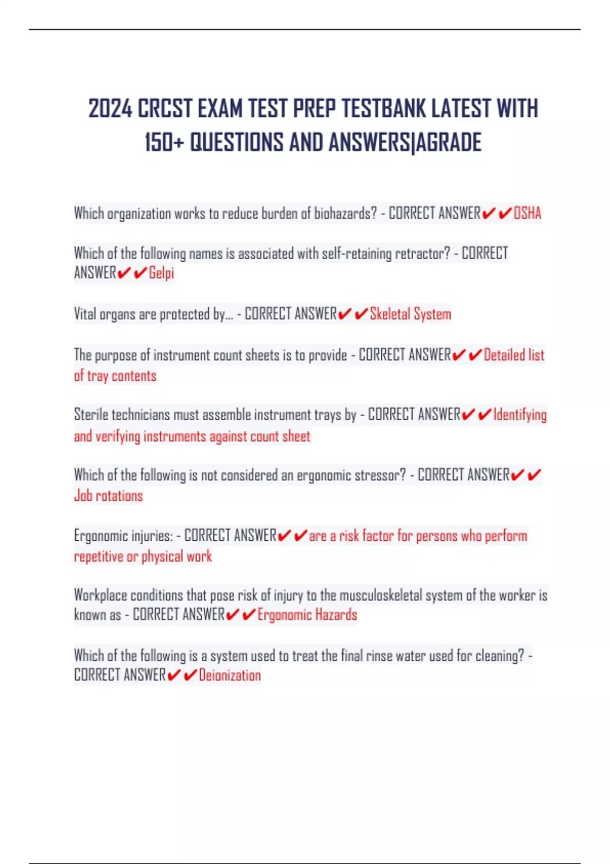2024 CRCST EXAM TEST PREP TESTBANK LATEST WITH 150+ QUESTIONS AND