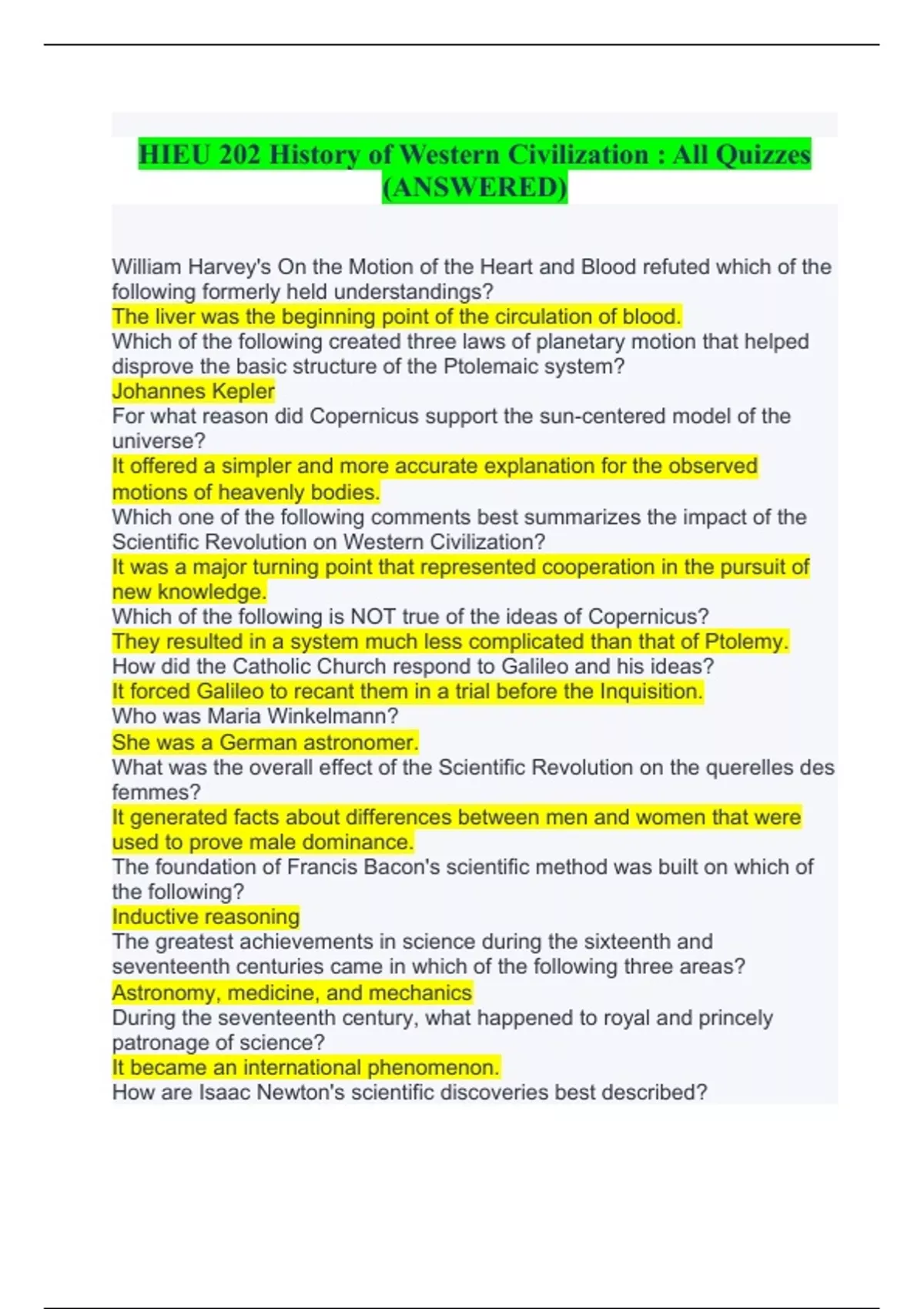 HIEU 202 History of Western Civilization : All Quizzes (ANSWERED ...