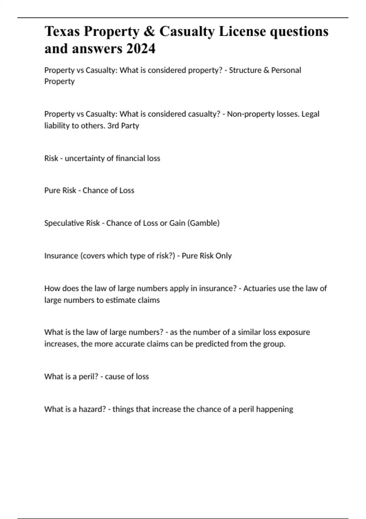 Texas Property & Casualty License questions and answers 2024 S
