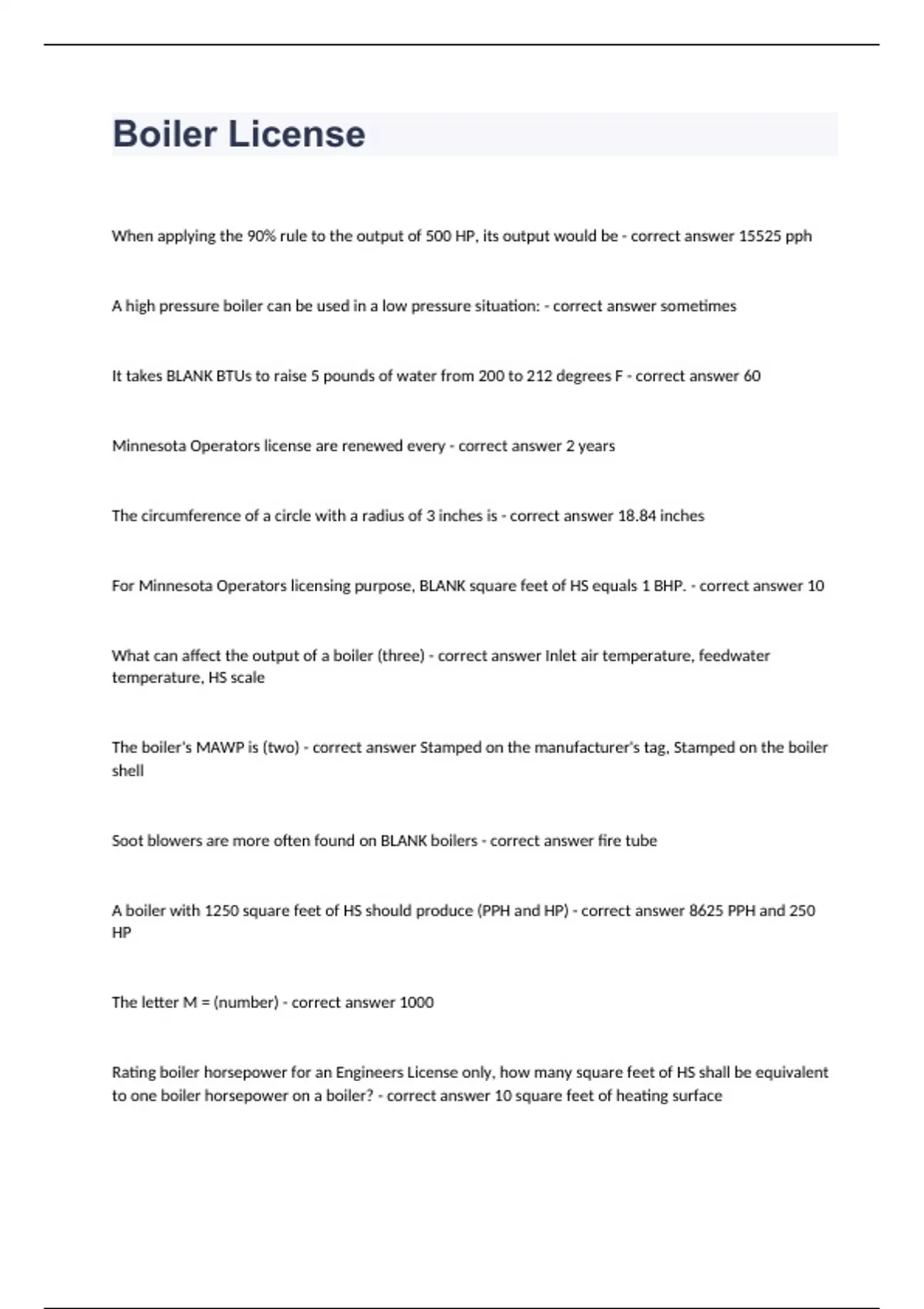 Boiler License Question and answers 100 correct 2023/2024 MN Boilers