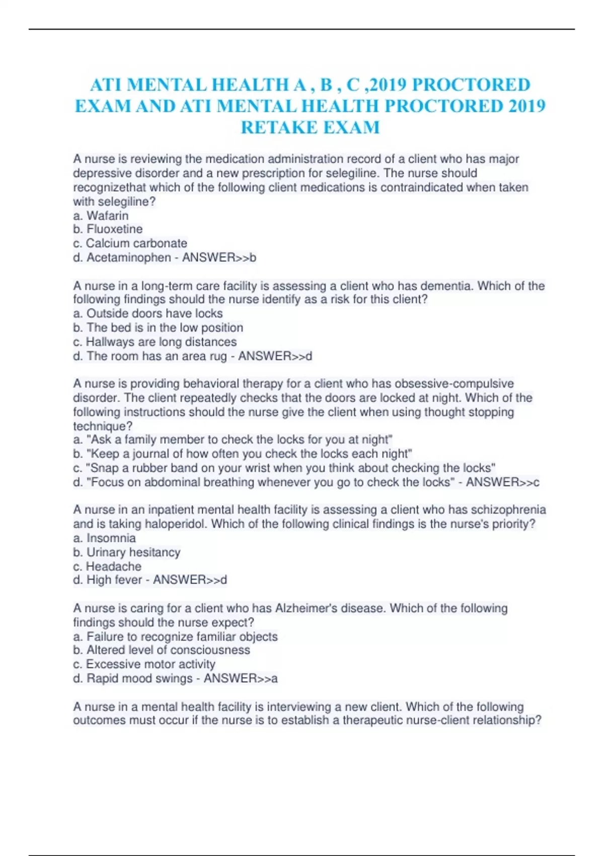 ATI MENTAL HEALTH A , B , C ,2019 PROCTORED EXAM AND ATI MENTAL HEALTH ...