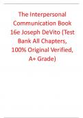 Test Bank For The Interpersonal Communication Book 16th Edition By Joseph DeVito (All Chapters, 100% Original Verified, A+ Grade) 