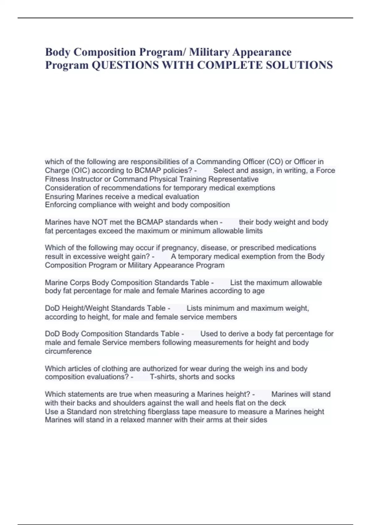 Body Composition Program/ Military Appearance Program QUESTIONS WITH