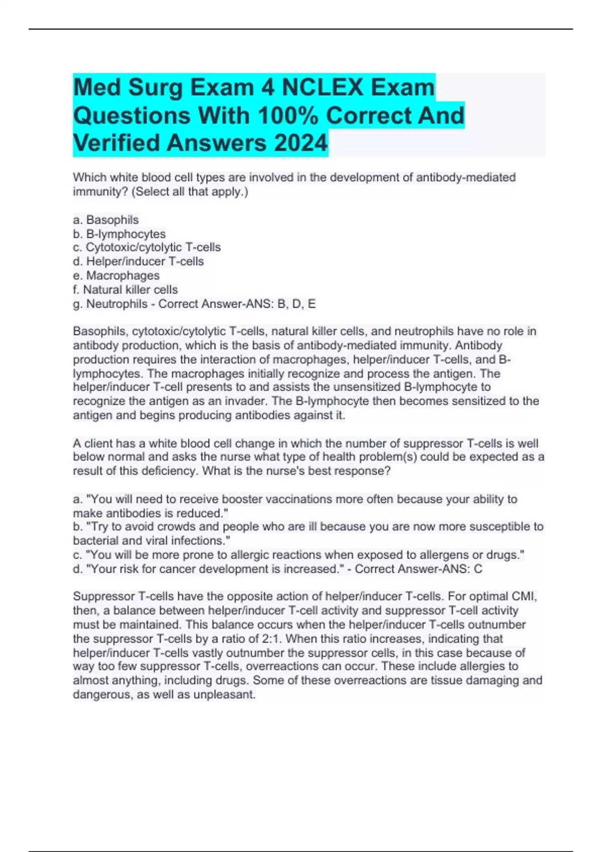 Med Surg Exam 4 NCLEX Exam Questions With 100% Correct And Verified ...