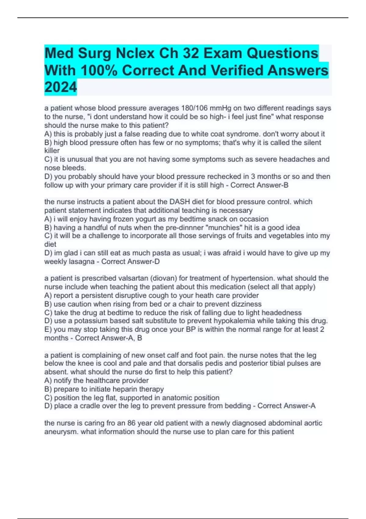 Med Surg Nclex Ch 32 Exam Questions With 100% Correct And Verified ...