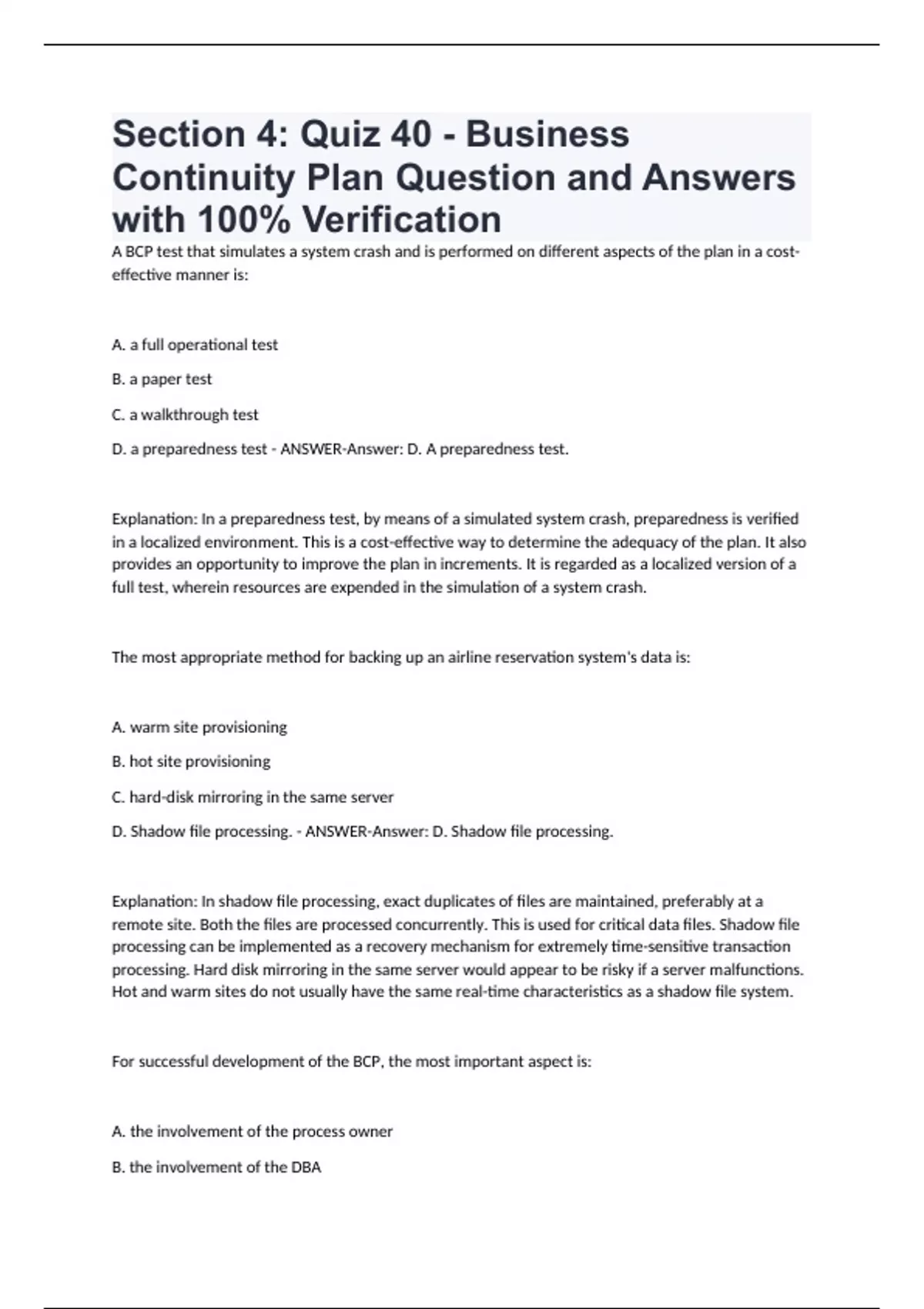 Section 4 Quiz 40 Business Continuity Plan Question And Answers With