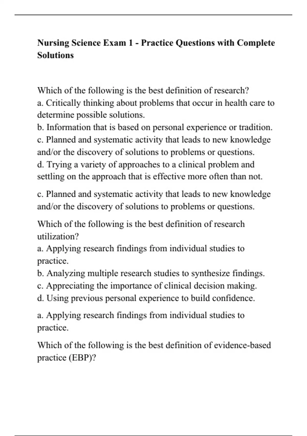 Nursing Science Exam 1 - Practice Questions with Complete Solutions ...