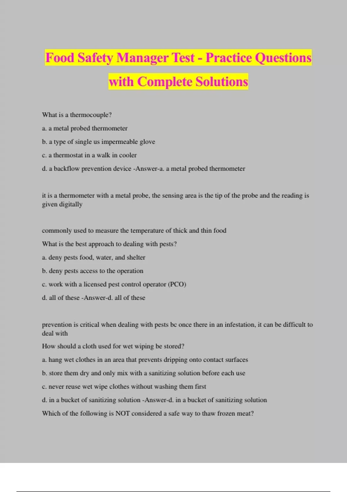 Food Safety Manager Test Practice Questions With Complete Solutions