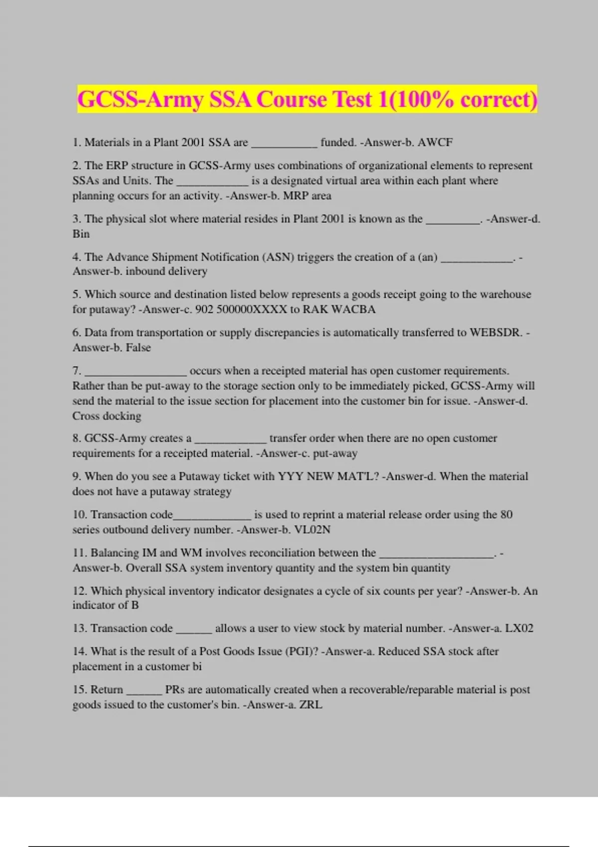 GCSS Army SSA Course Test 1 100 Correct GCSS Army Stuvia US GCSS Army SSA Course Test 1 100 Correct GCSS Army Stuvia US