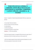 WISE FINANCIAL LITERACY  CERTIFICATION PRACTICE EXAM &vert;  QUESTIONS & ANSWERS &lpar;VERIFIED&rpar; &vert;  LATEST UPDATE &vert; GRADED A&plus; &  PASSED