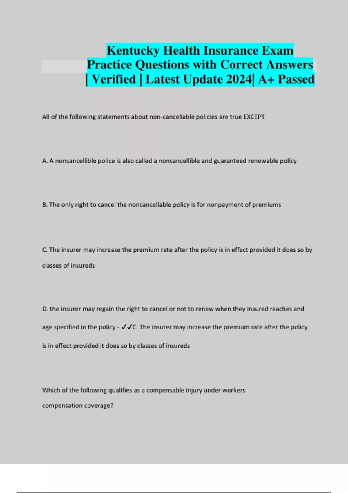 Kentucky Health Insurance Exam Practice Questions with Correct Answers Verified Latest