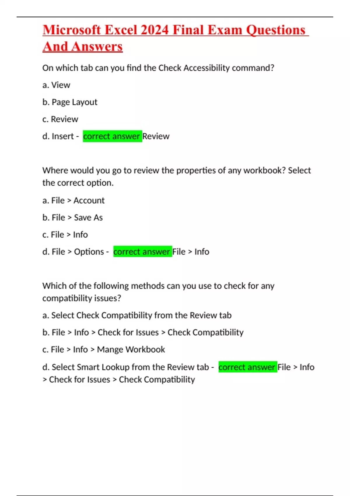Microsoft Excel 2024 Final Exam Questions And Answers - Microsoft Excel ...