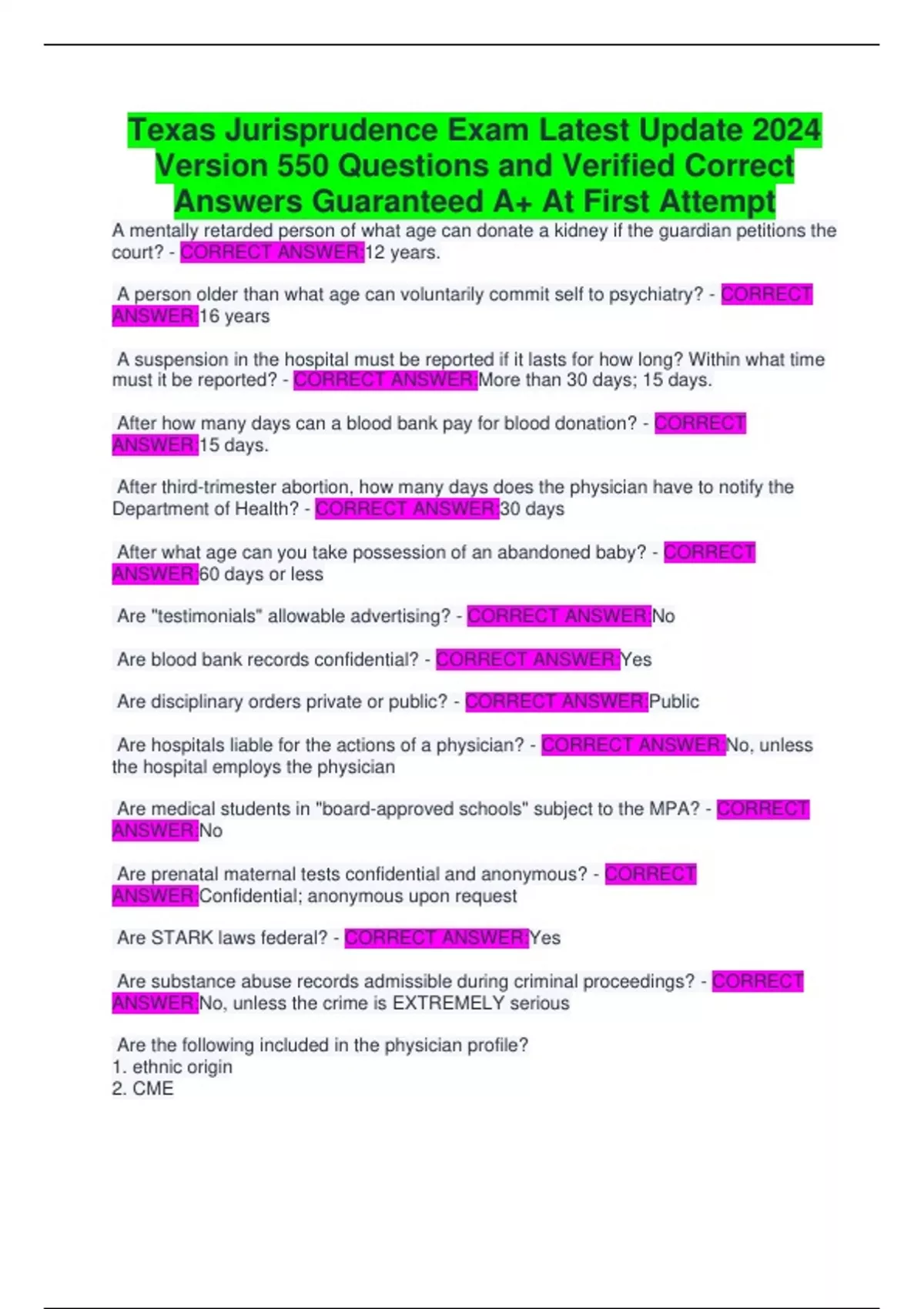 Texas Jurisprudence Exam Latest Update 2024 Version 550 Questions and