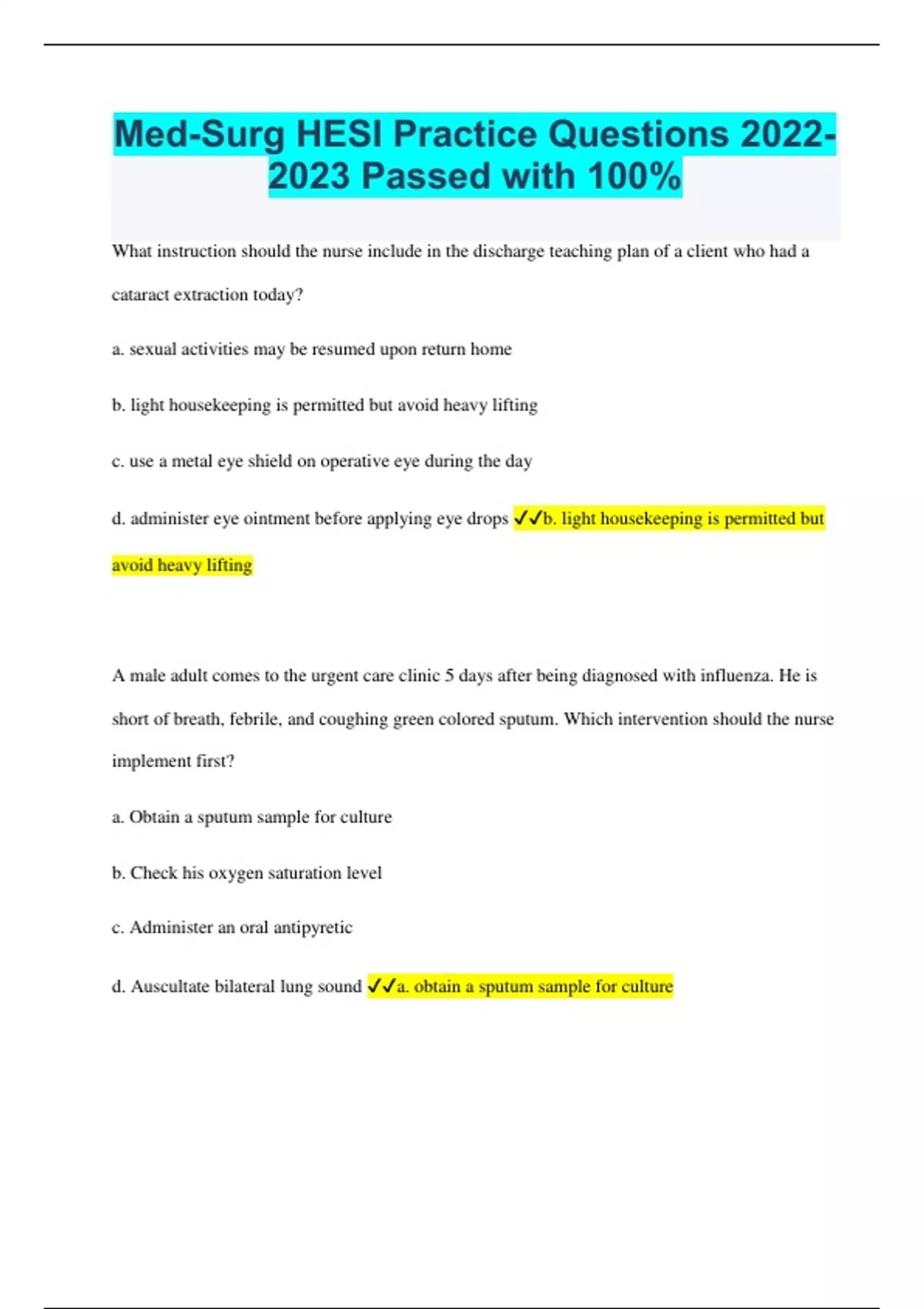 MedSurg HESI Practice Questions Passed with 100 MedSurg HESI