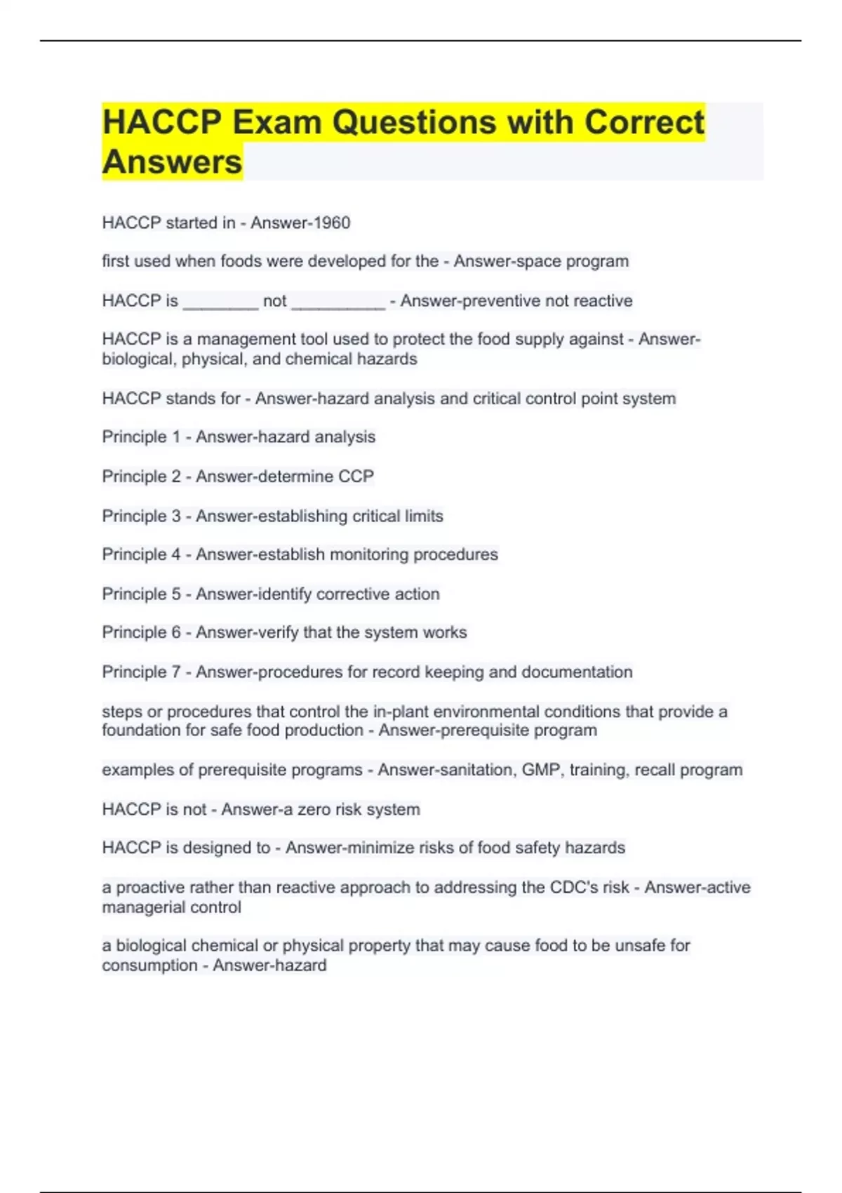 HACCP Exam Questions with Correct Answers HACCP Stuvia US