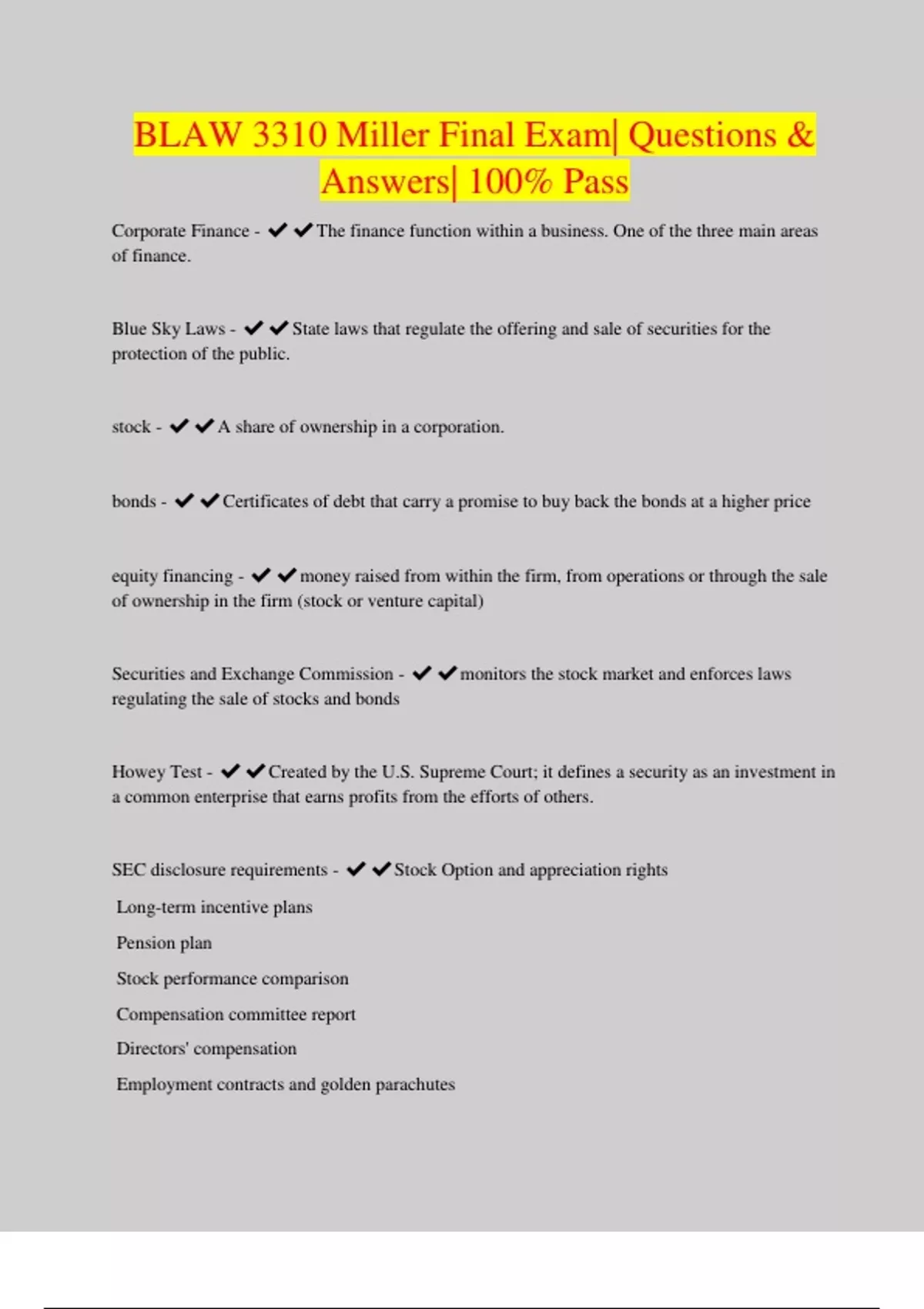 Bundle of BLAW 3310 Exams 2024 | Questions & Answers| 100% Pass - Stuvia US