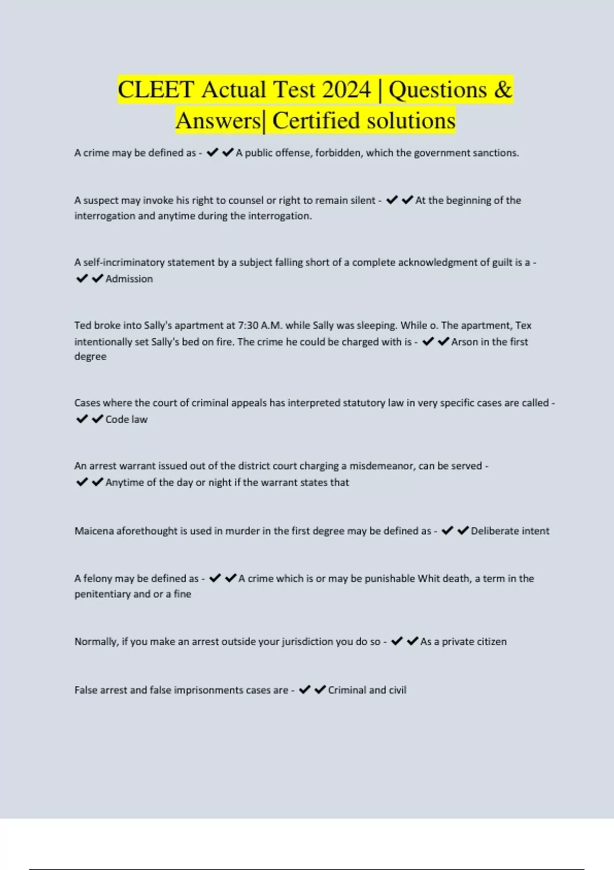 CLEET Actual Test 2024 Questions & Answers Certified solutions CLEET Stuvia US