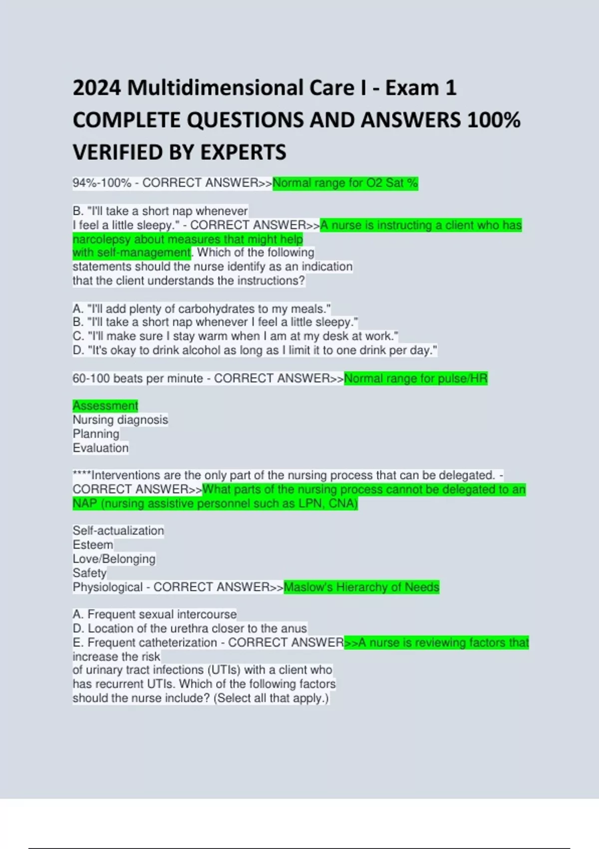 2024 Multidimensional Care I - Exam 1 COMPLETE QUESTIONS AND ANSWERS ...