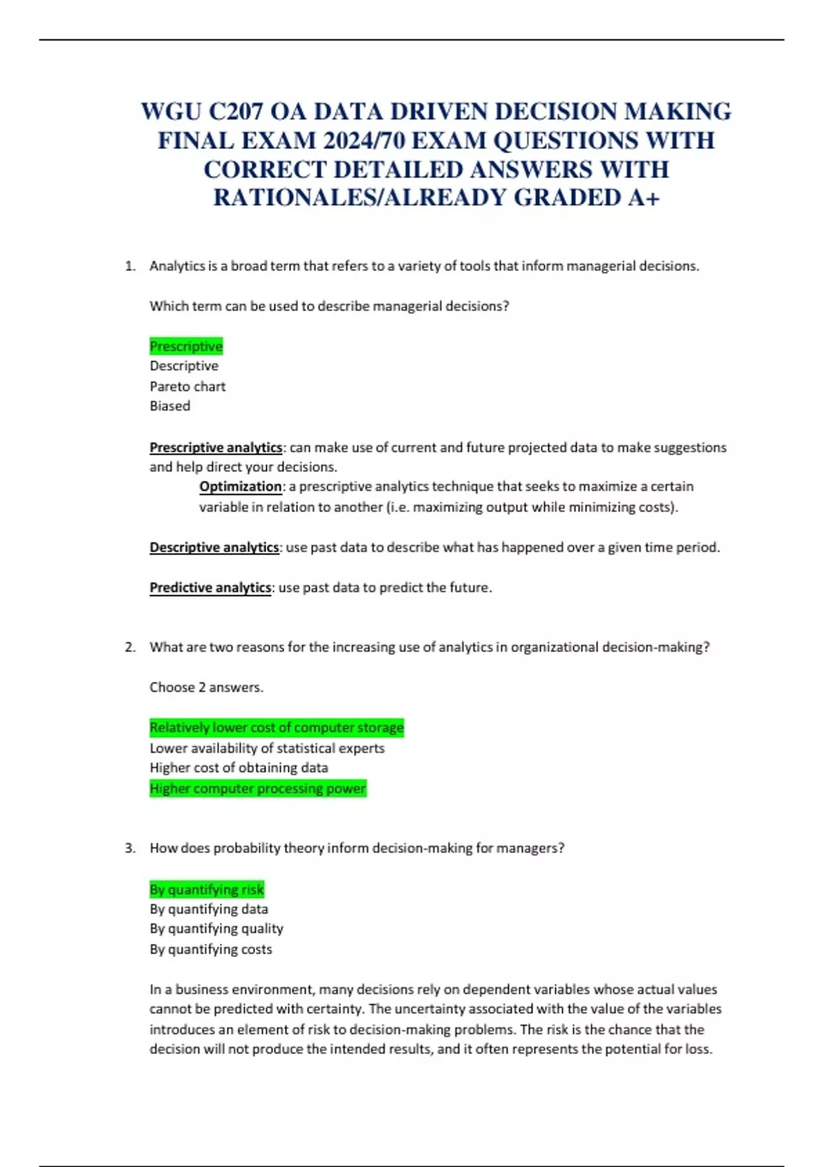 WGU C207 OA DATA DRIVEN DECISION MAKING FINAL EXAM 2024/70 EXAM ...