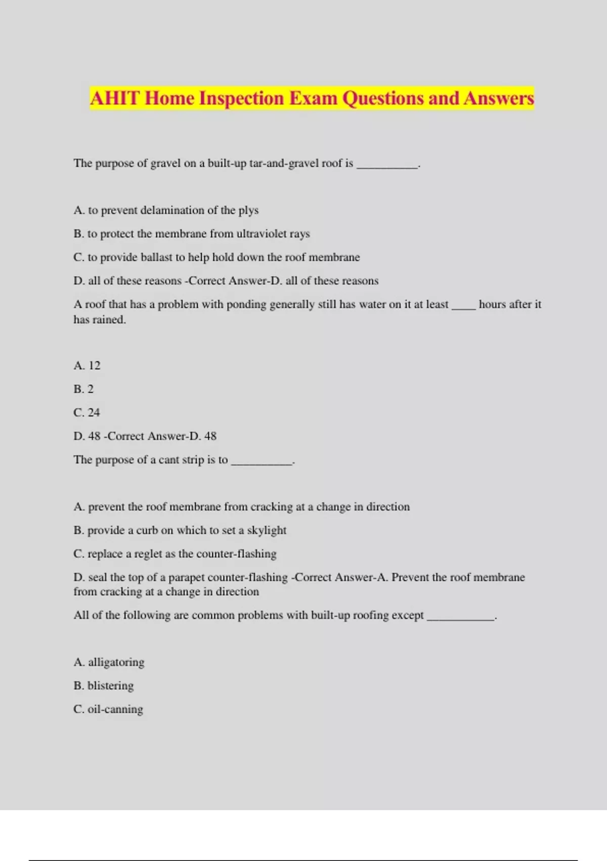 AHIT Home Inspection Exam Questions and Answers AHIT Stuvia US