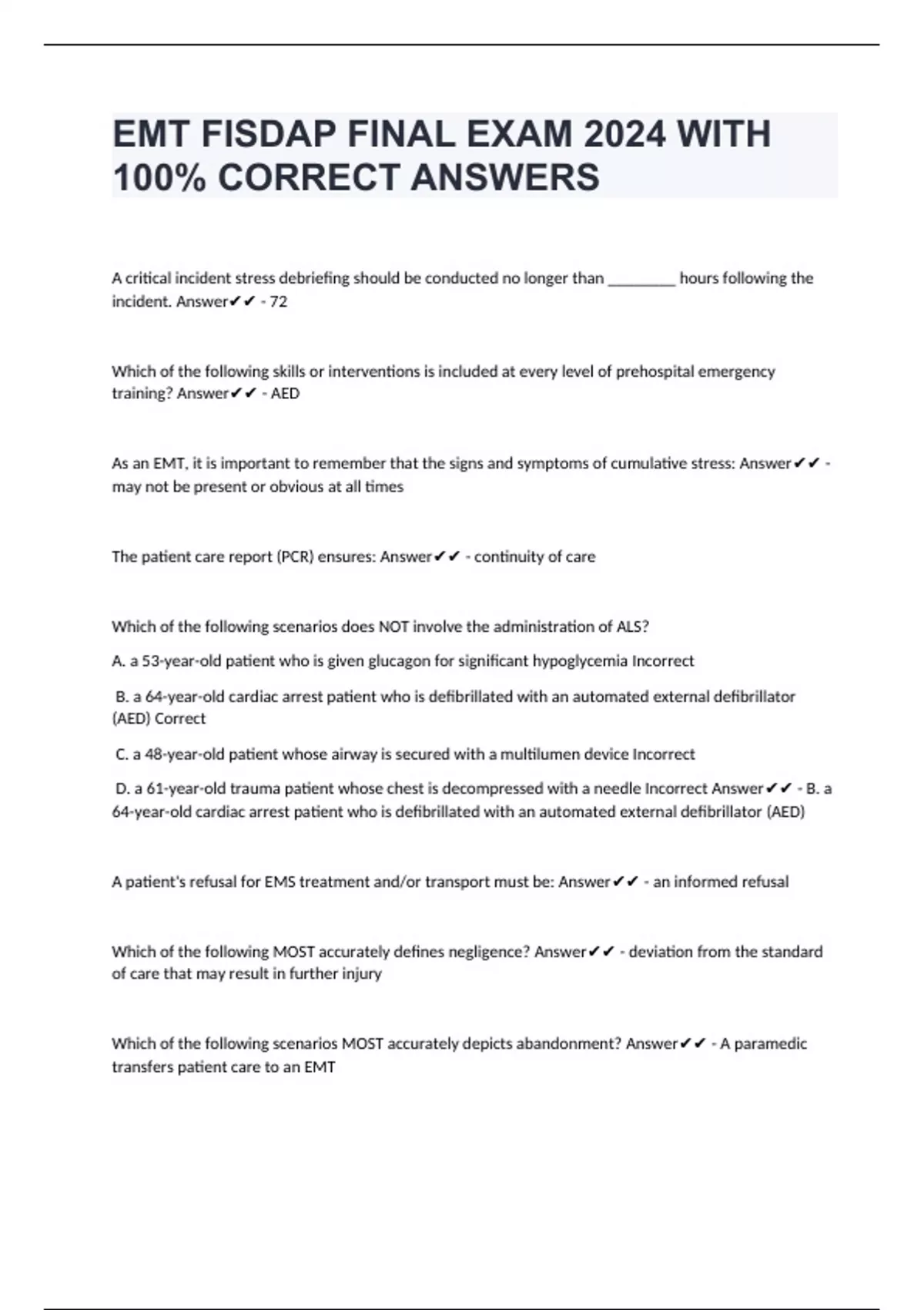 EMT FISDAP FINAL EXAM 2024 WITH 100% CORRECT ANSWERS - EMT FISDAP ...