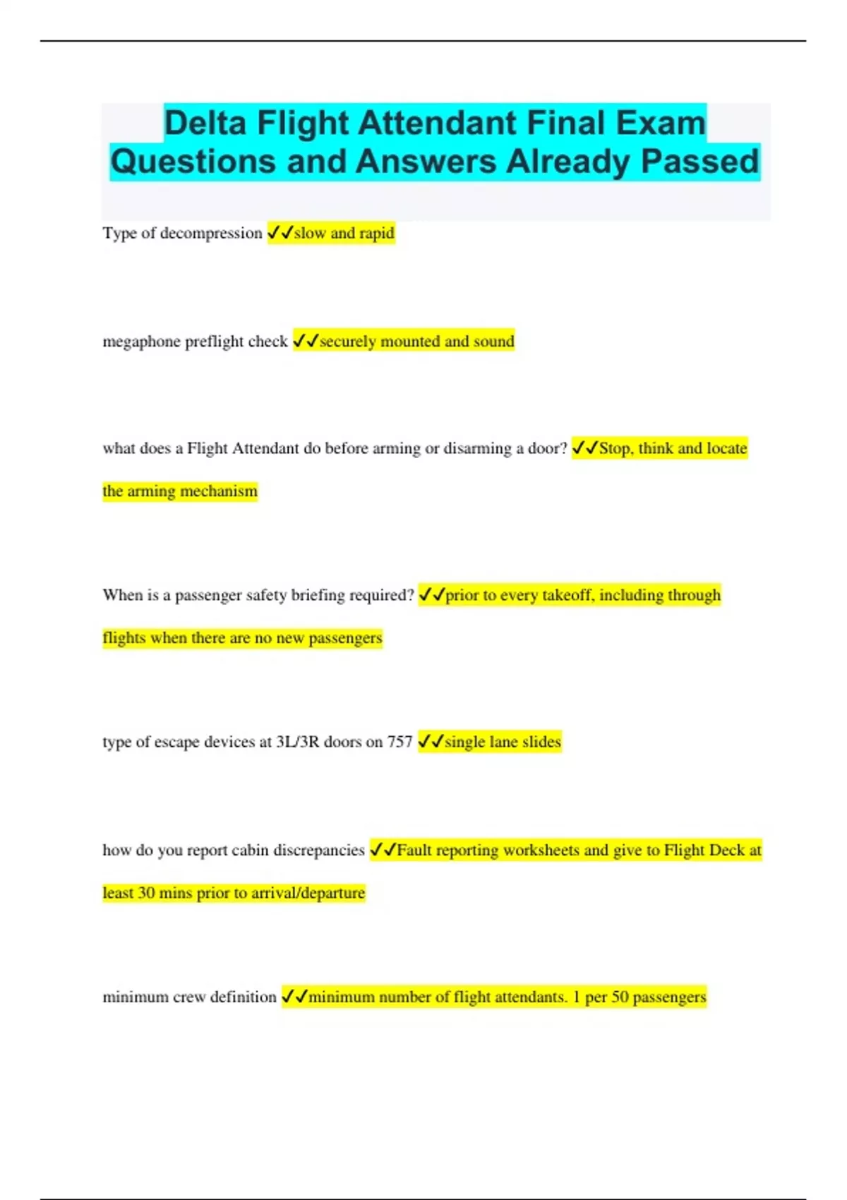 Delta Flight Attendant Bundled Exams Questions and Answers 100% Pass - Stuvia US