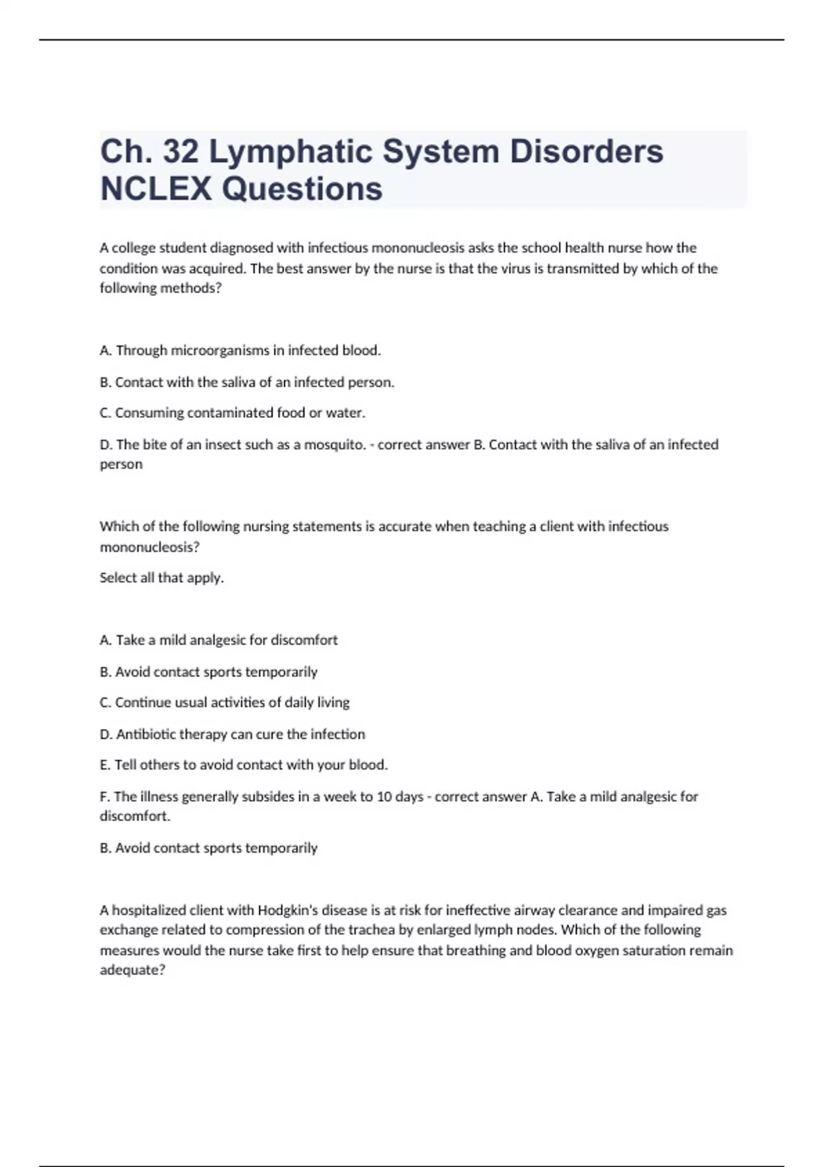 Ch 32 lymphatic system disorders nclex questions and answers correctly