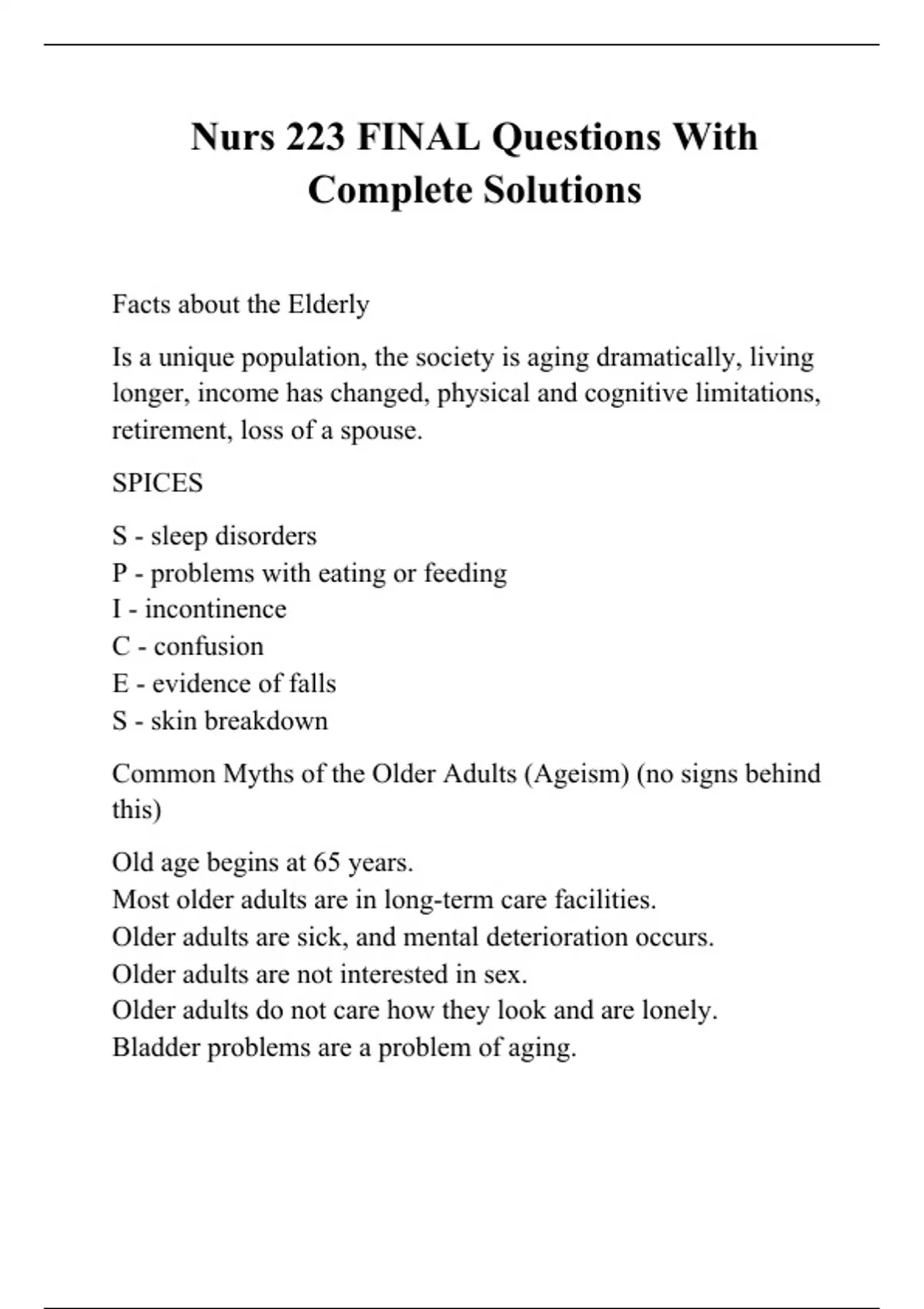 Nurs 223 FINAL Questions With Complete Solutions - Nurs 223 - Stuvia US