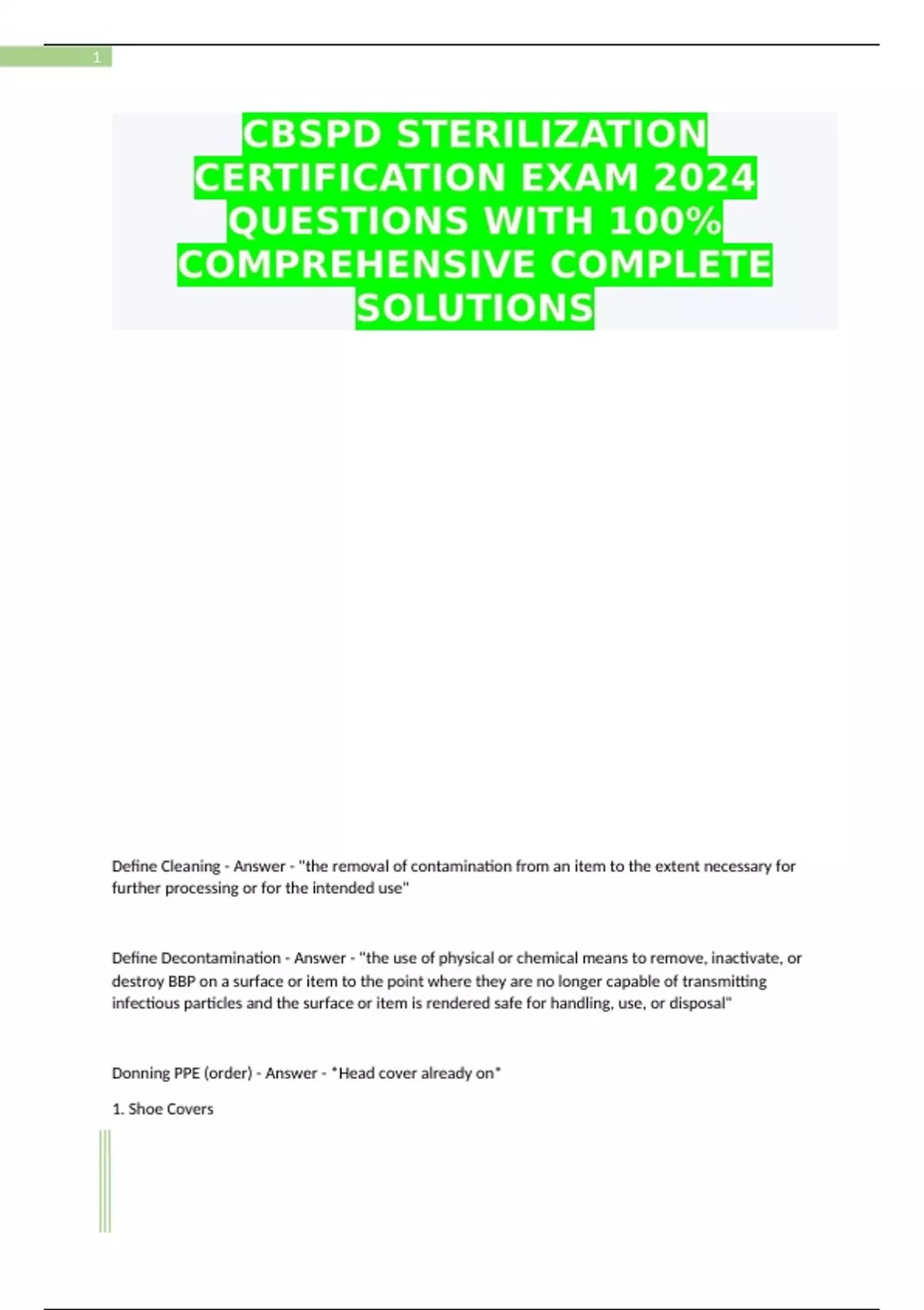 CBSPD STERILIZATION CERTIFICATION EXAM 2024 QUESTIONS WITH 100