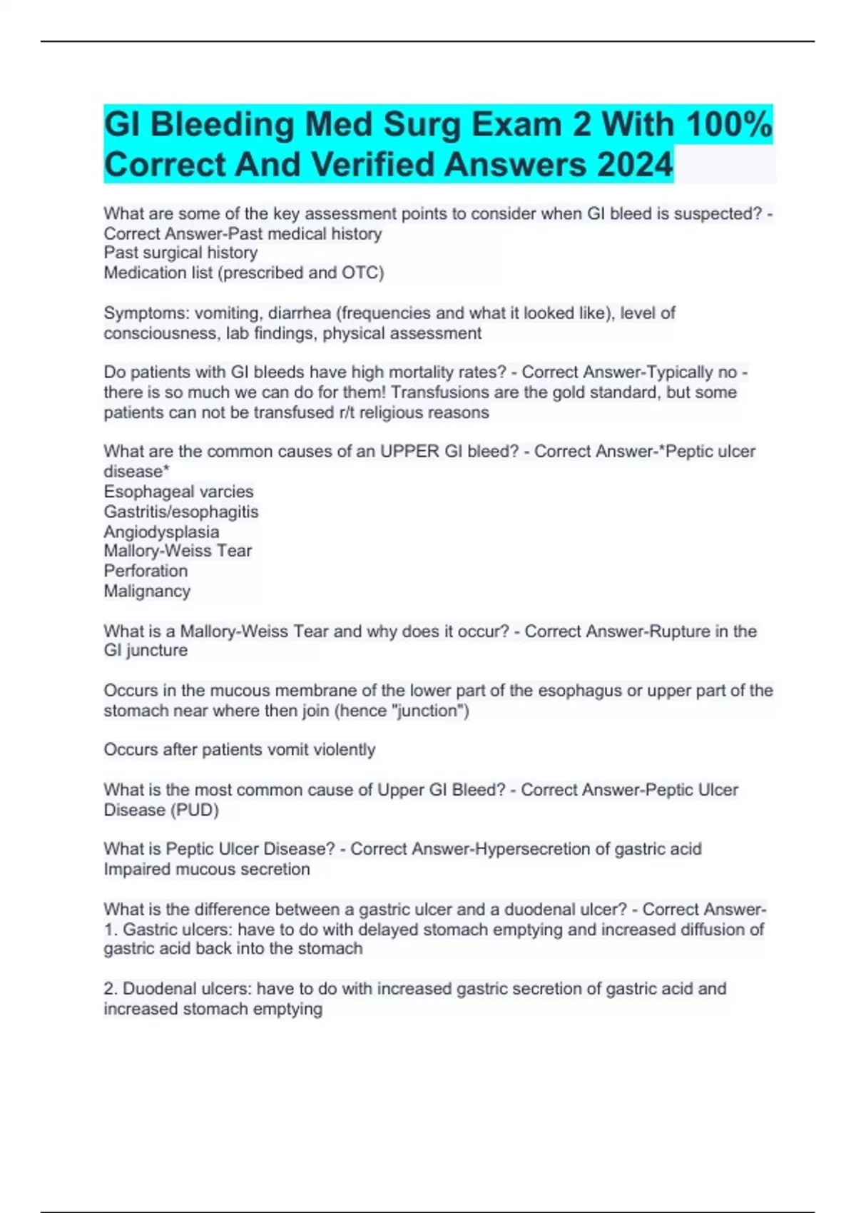 GI Bleeding Med Surg Exam 2 With 100% Correct And Verified Answers 2024 ...