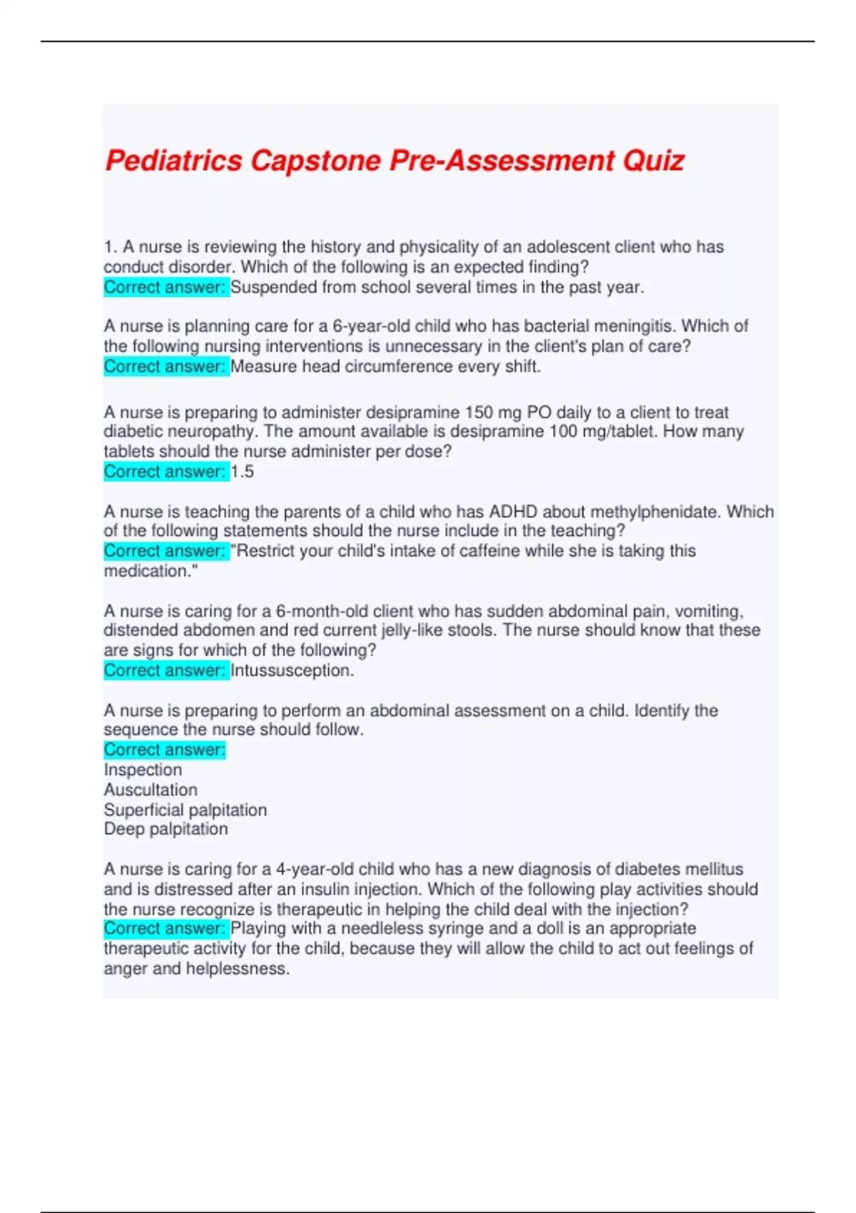 Capstone Questionnaire Examples Pediatrics Capstone Pre-Assessment verified questions and answers ...