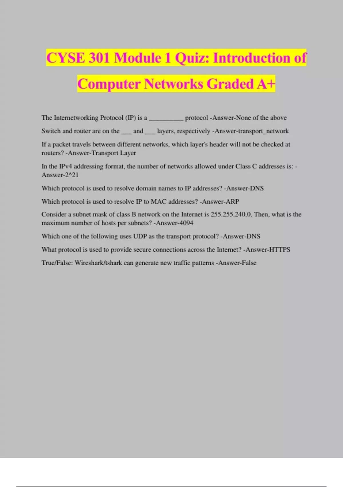 CYSE 301 Module 1 Quiz: Introduction of Computer Networks Graded A+ ...