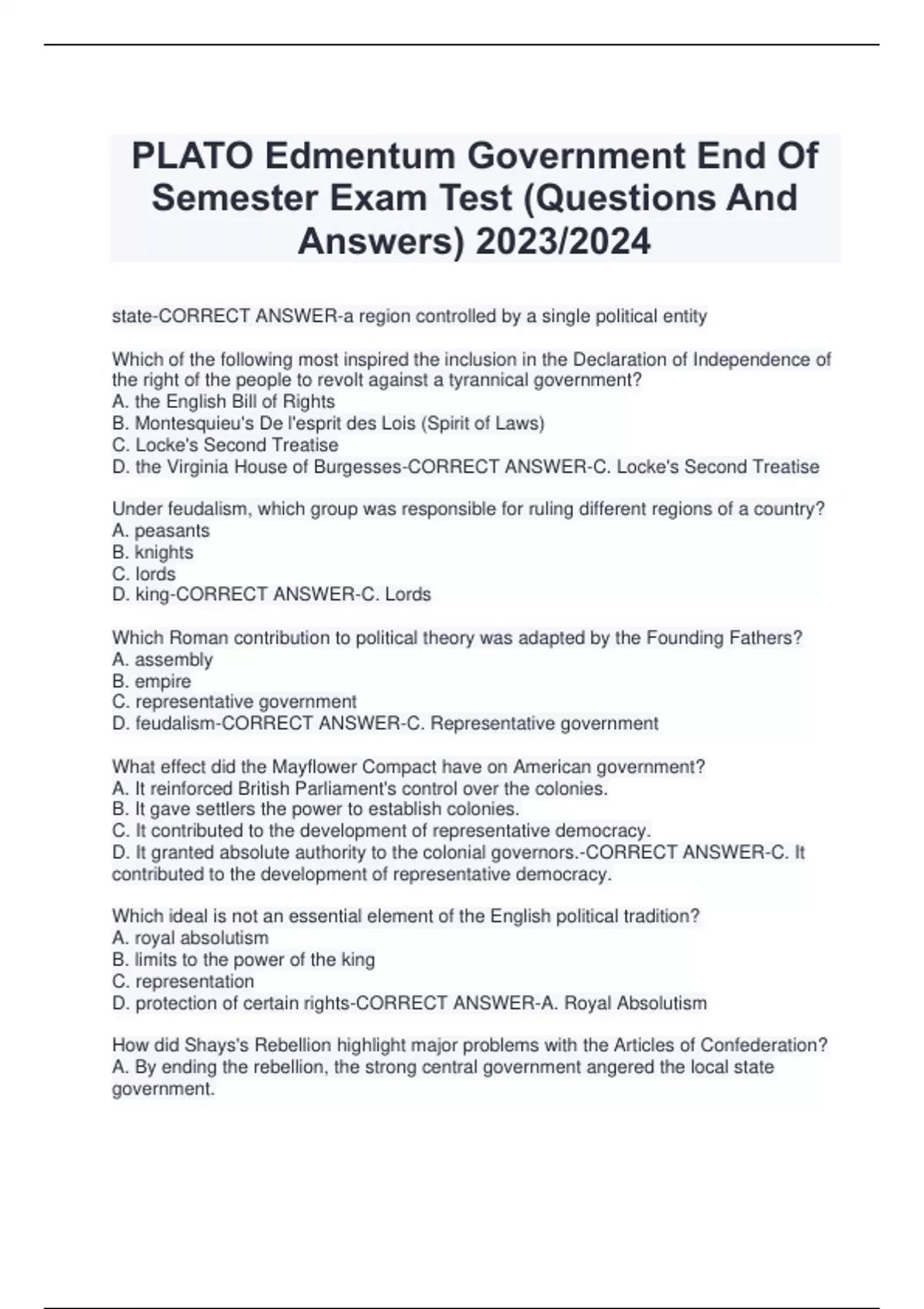 Package deal for End Of Semester Test: Us History B (Plato Edmentum Us Government) 100% Verified ...