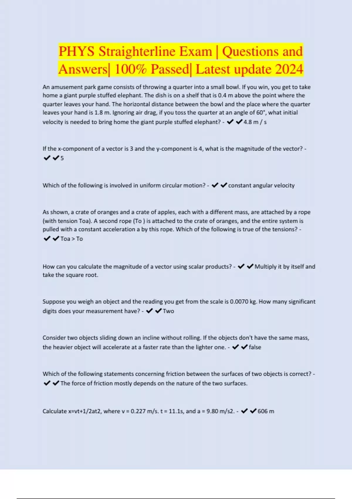 PHYS Straighterline Final Exam Questions and Answers 100 Passed