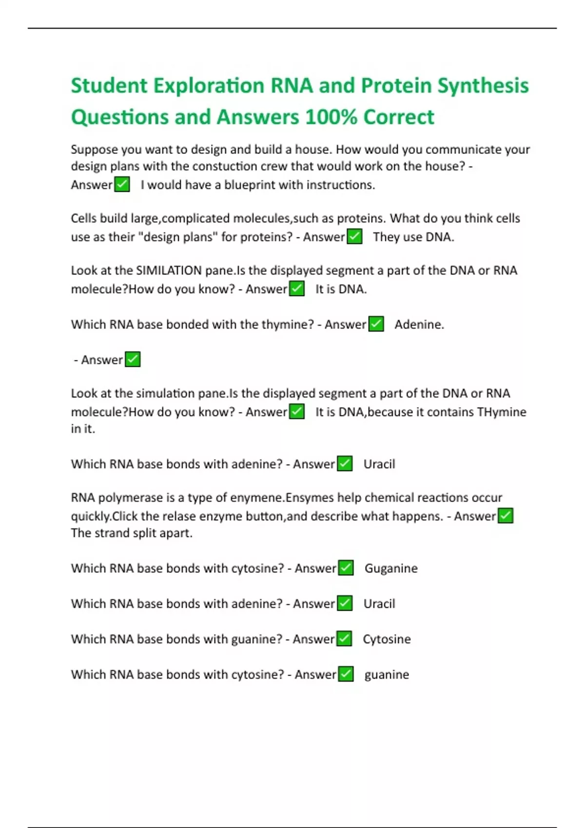 Student Exploration RNA and Protein Synthesis Questions and Answers 100