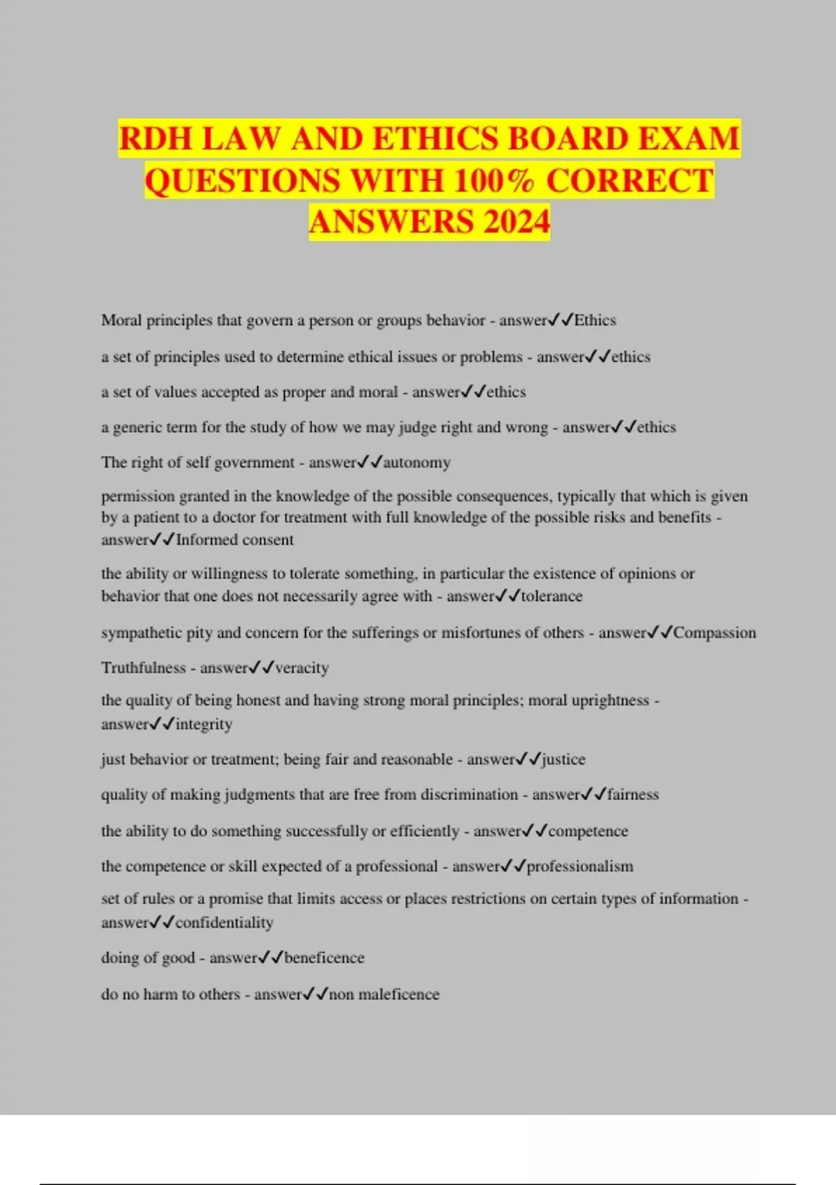 RDH LAW AND ETHICS BOARD EXAM QUESTIONS WITH 100% CORRECT ANSWERS 2024 ...