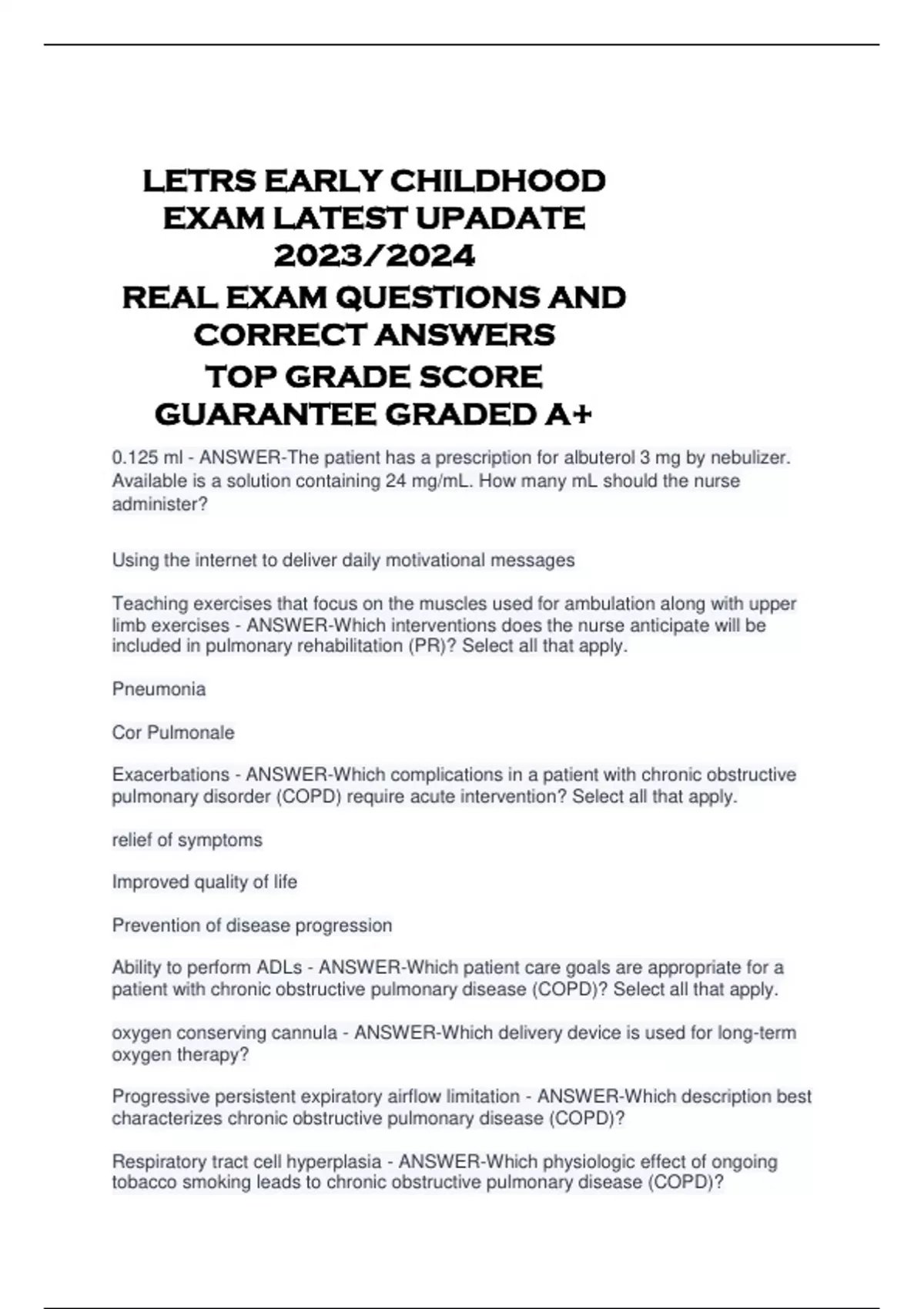 LETRS EARLY CHILDHOOD EXAM LATEST UPADATE 2023/2024 REAL EXAM QUESTIONS