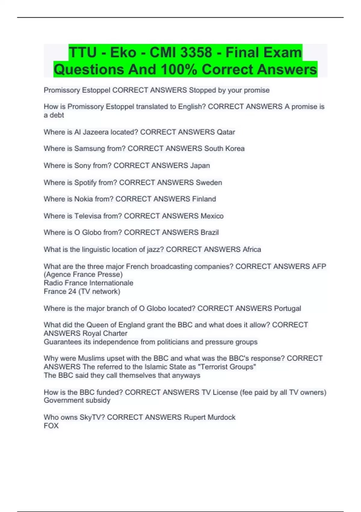 TTU Eko CMI 3358 Final Exam Questions And 100 Correct Answers