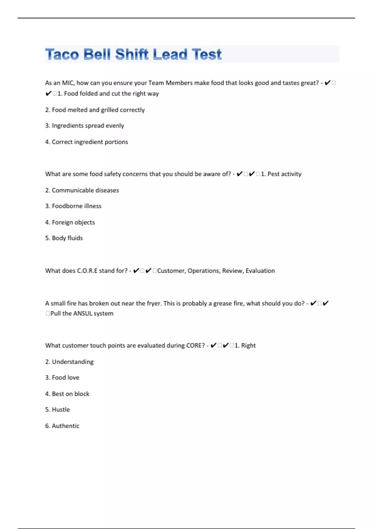 Taco Bell Shift Lead 157 Test Questions With Complete Solutions Taco