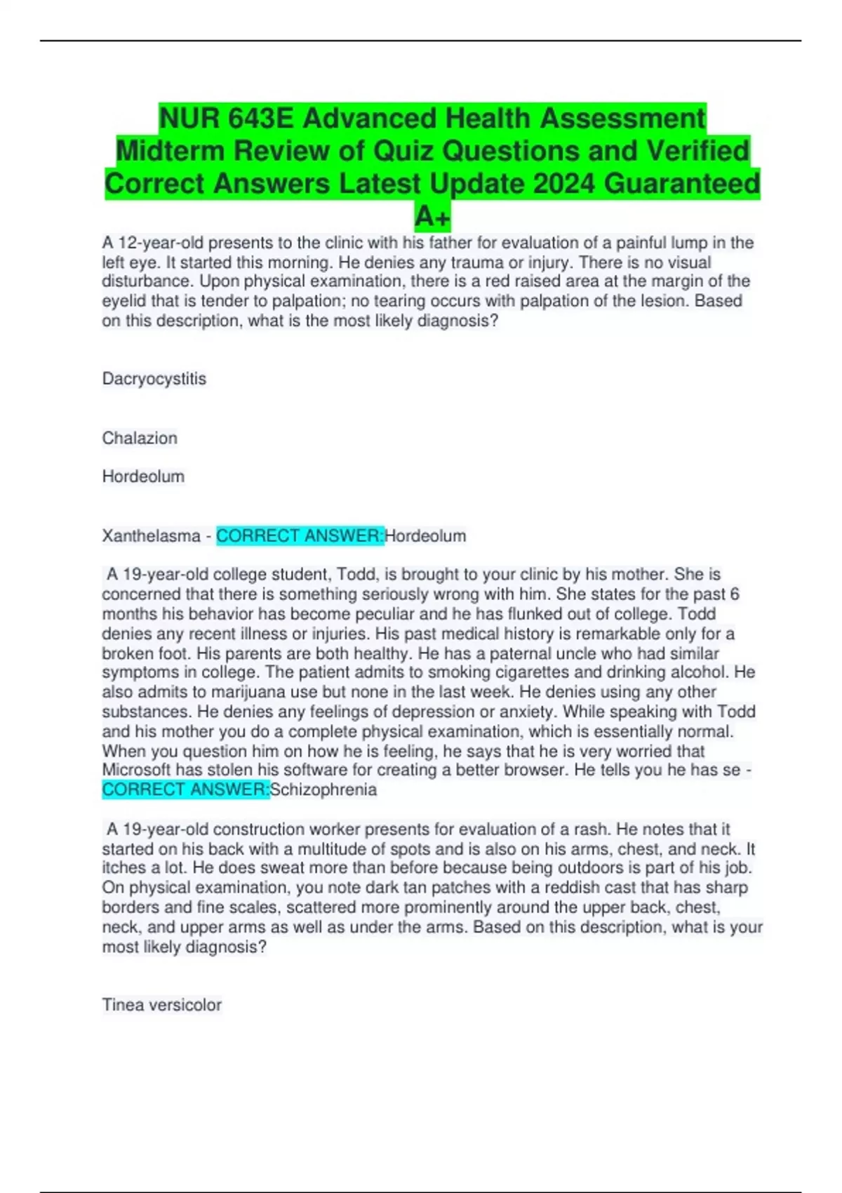 NUR 643E Advanced Health Assessment Midterm Review of Quiz Questions ...