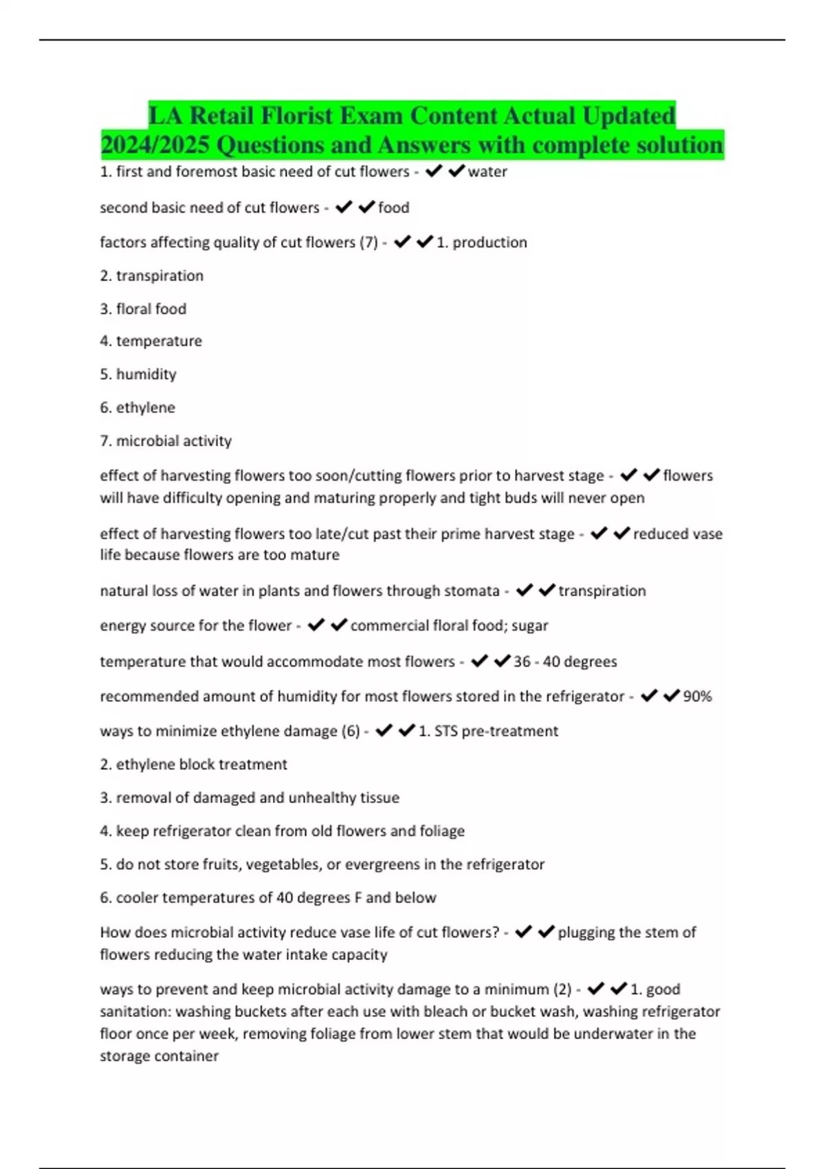 LA Retail Florist Exam Content Actual Updated 2024/2025 Questions and