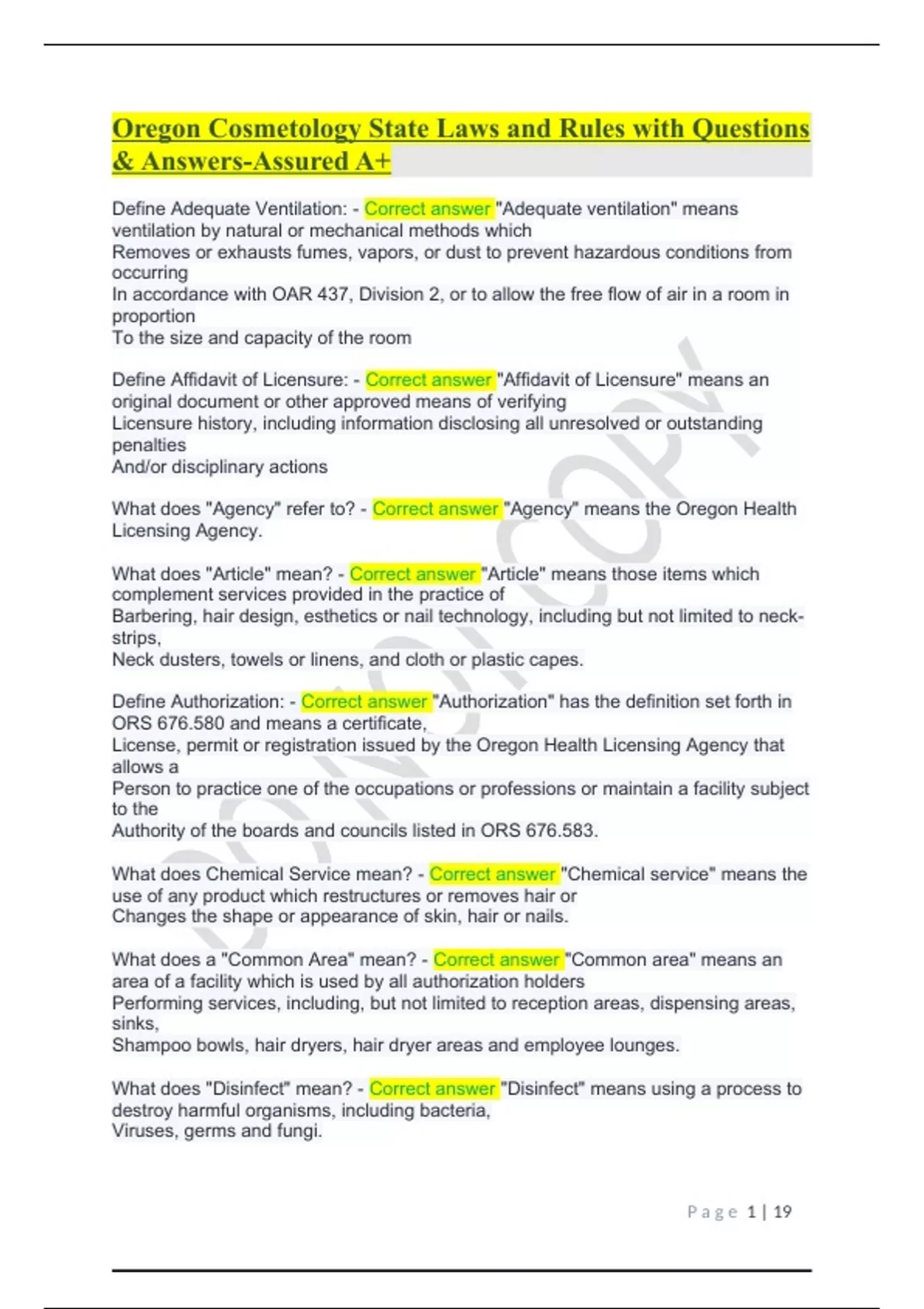 Oregon Cosmetology State Laws and Rules with Questions & Answers