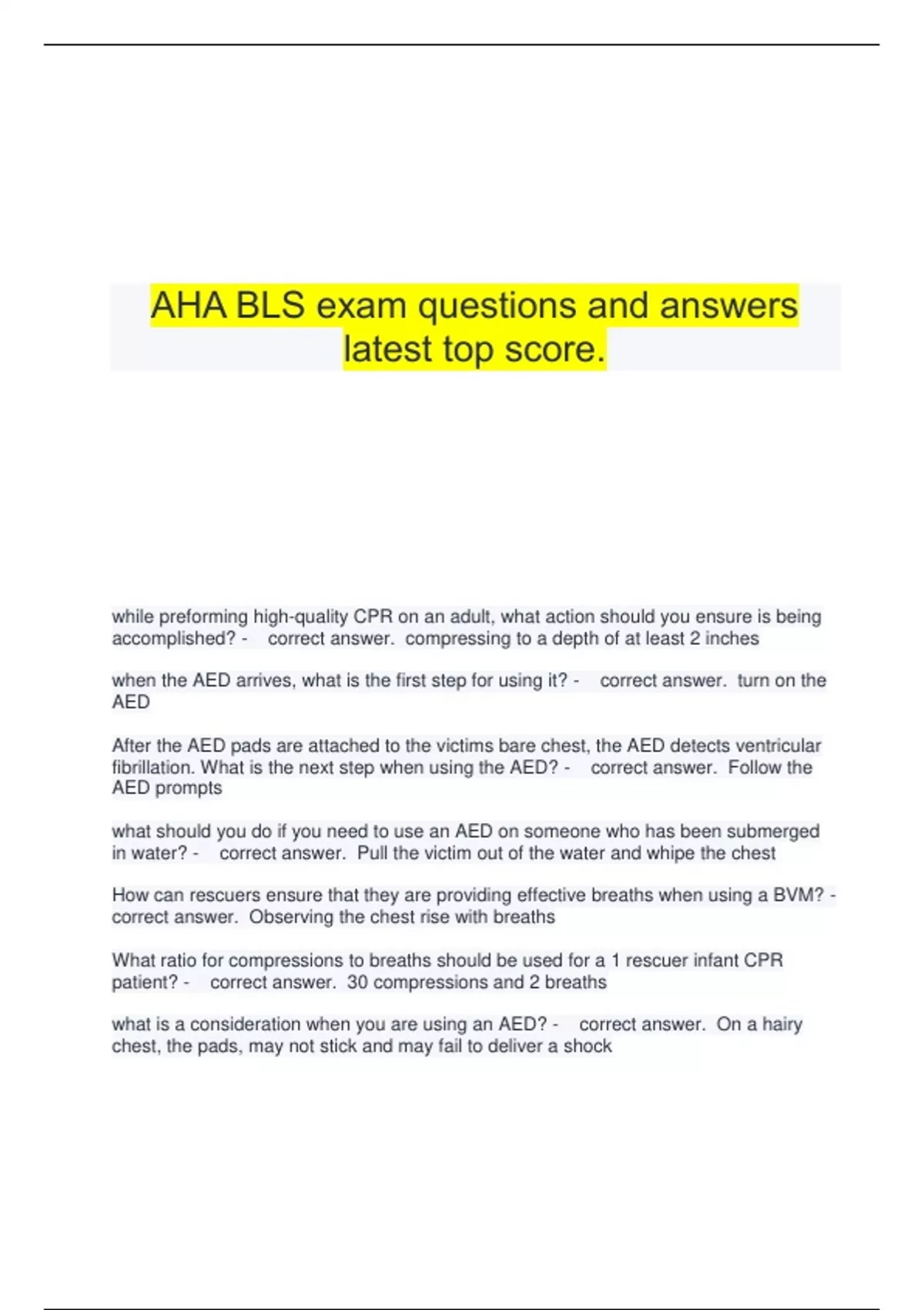 AHA BLS exam questions and answers latest top score. AHA BLS Stuvia US