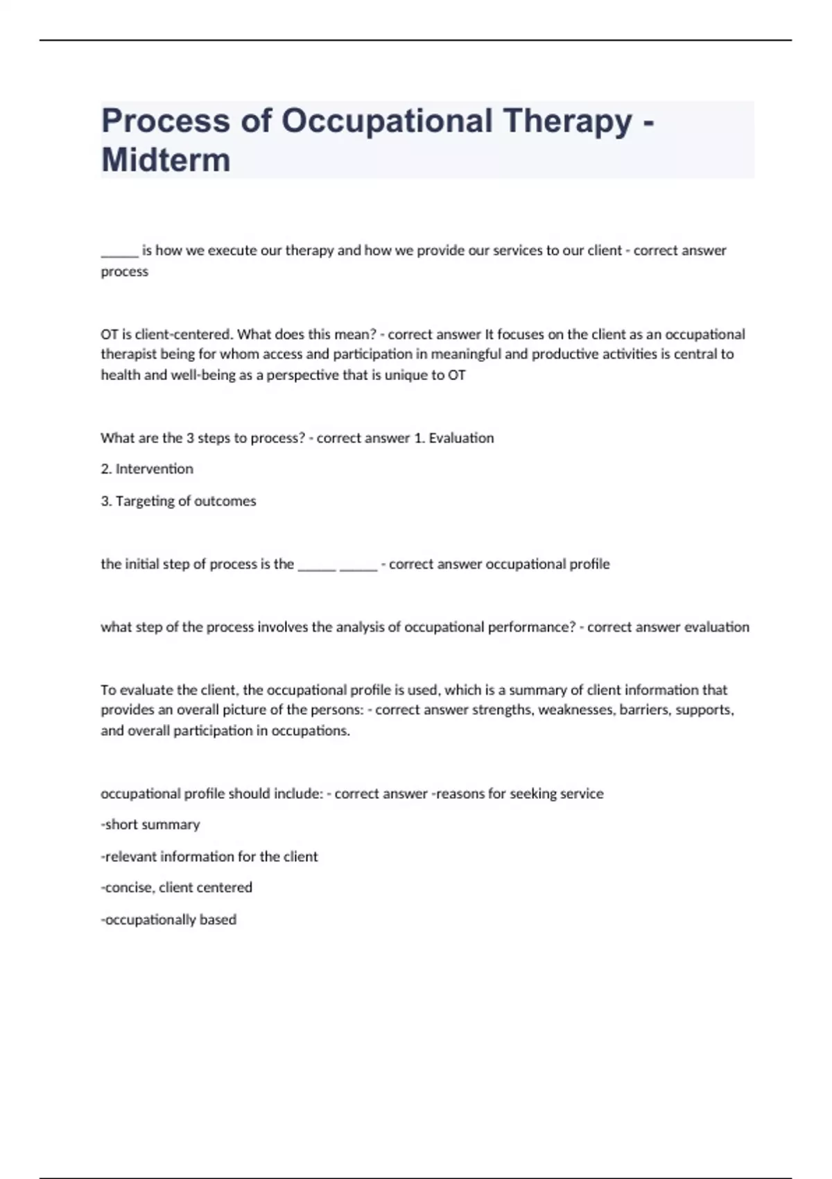 Process of Occupational Therapy Midterm Question and answers rated A+