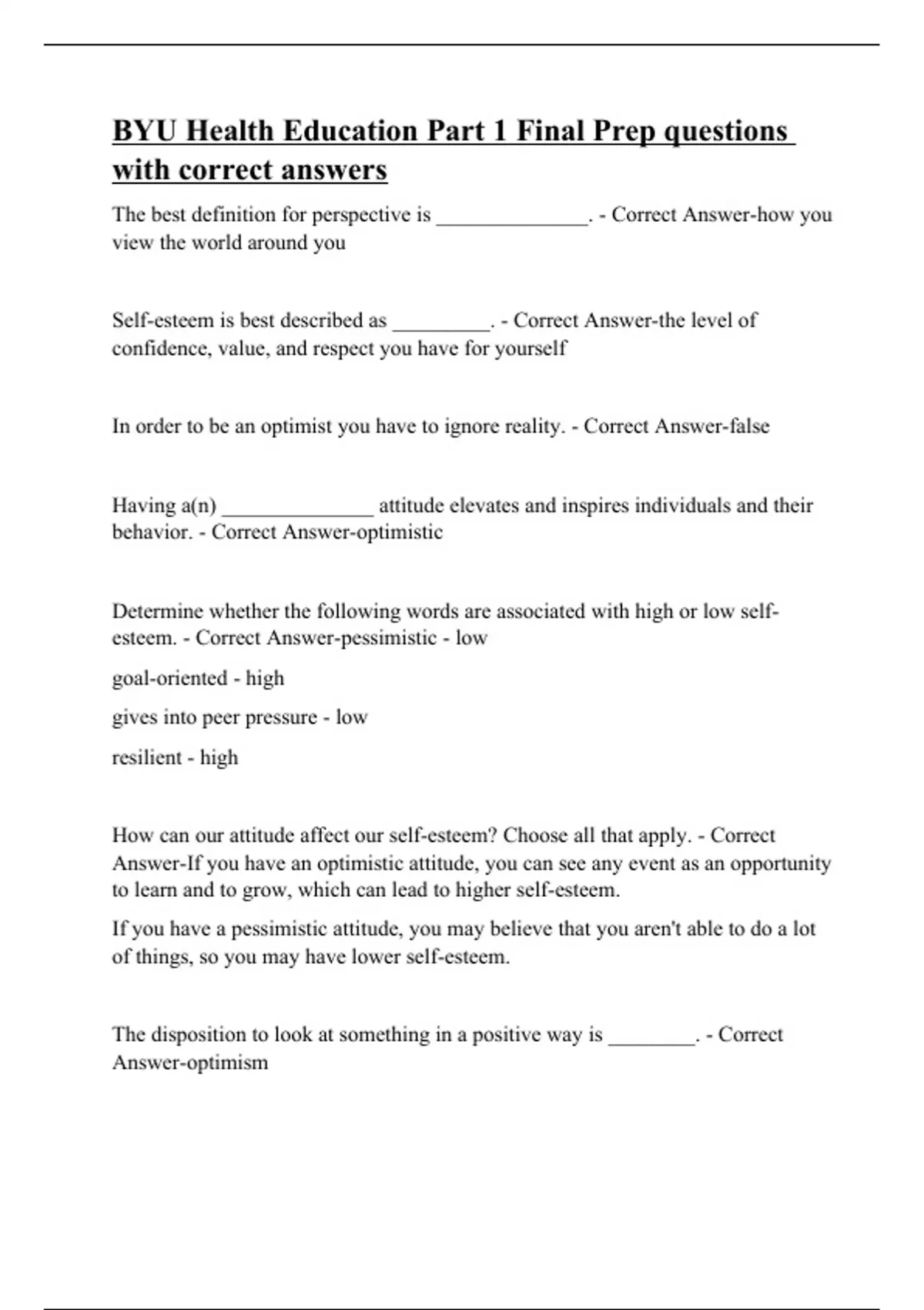 BYU Health Education Part 1 Final Prep questions with correct answers ...