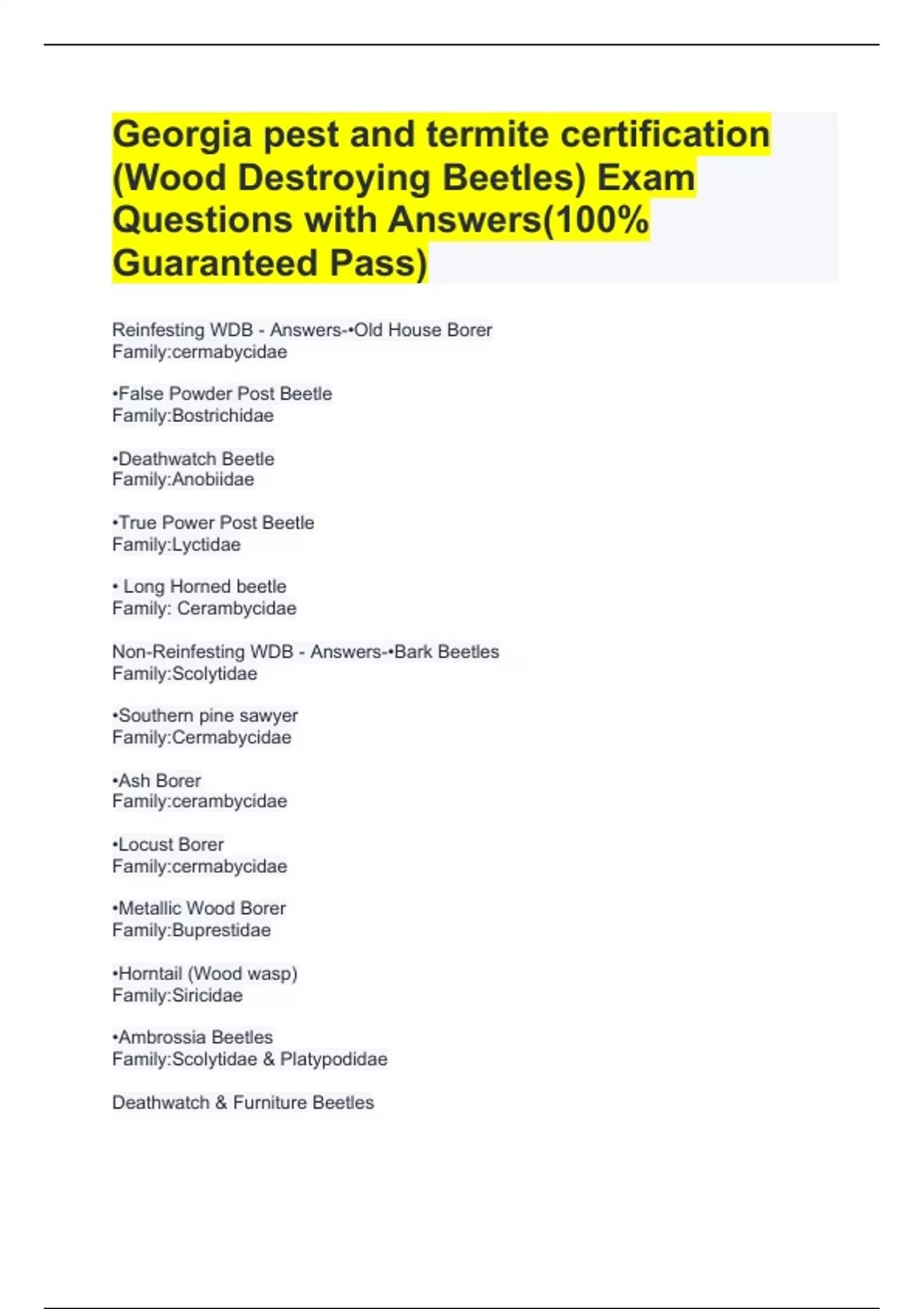 pest and termite certification (Wood Destroying Beetles) Exam