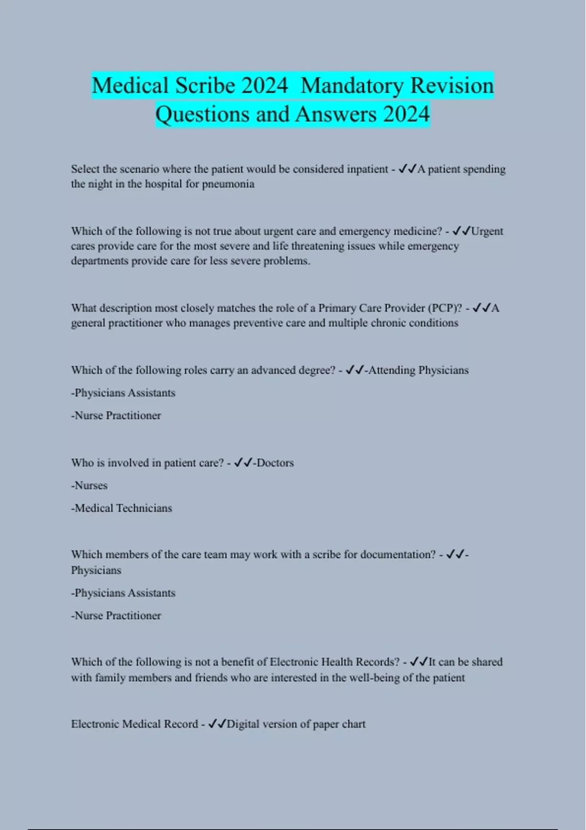 Medical Scribe 2024 Mandatory Revision Questions and Answers 2024