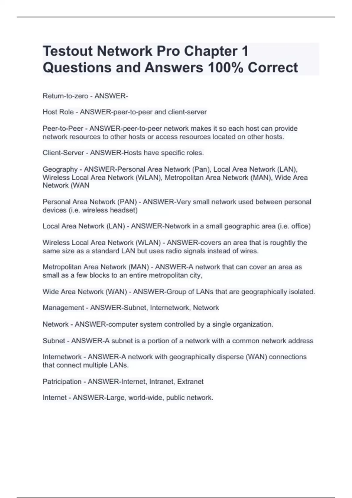 Testout Network Pro Chapter 1 Questions and Answers 100 Correct