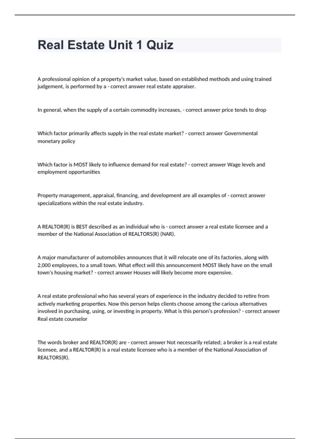 Real Estate Unit 1 Quiz well answered graded A+ 2024 Real Estate Stuvia US