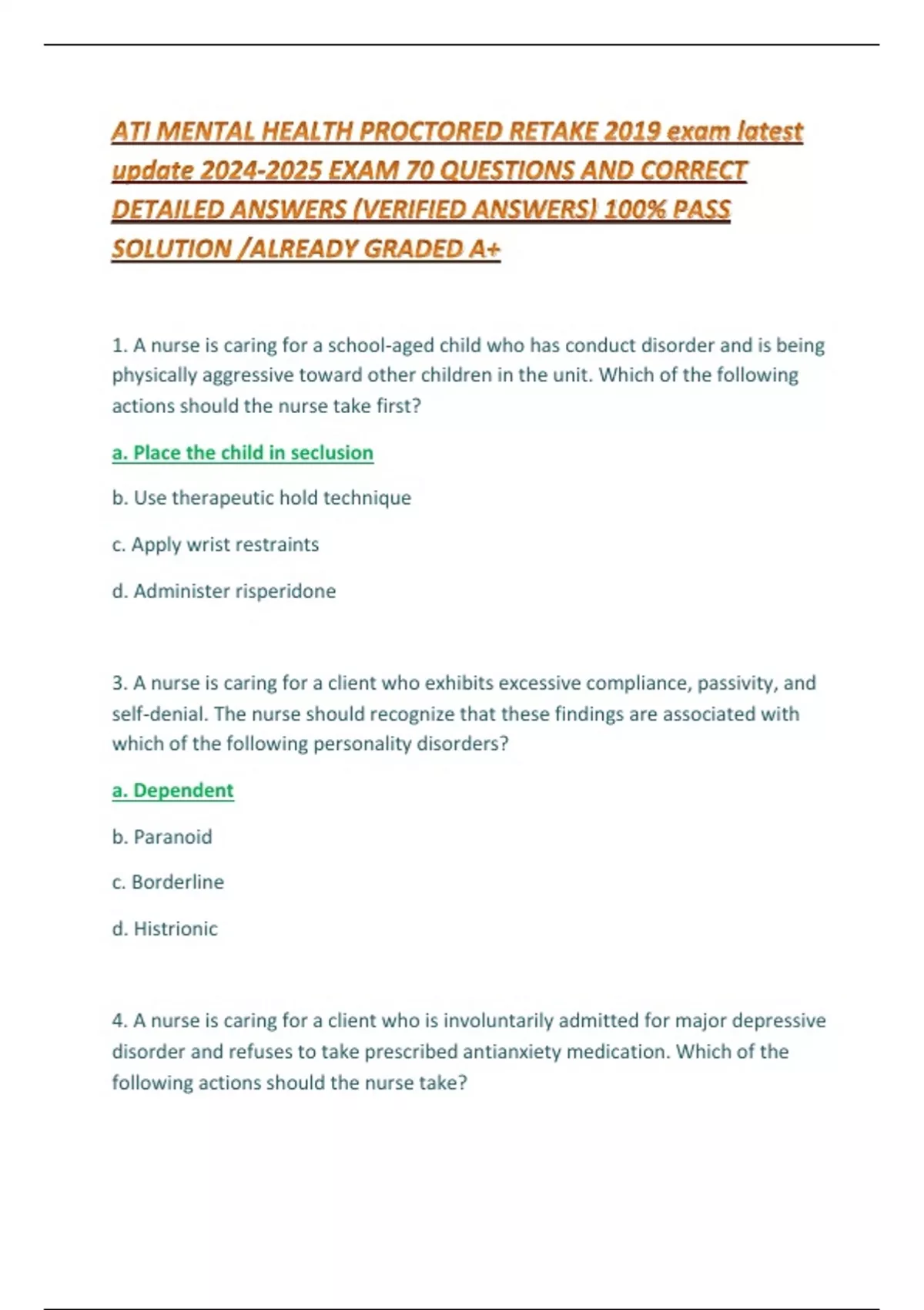 ATI MENTAL HEALTH PROCTORED RETAKE 2019 exam latest update EXAM 70 ...
